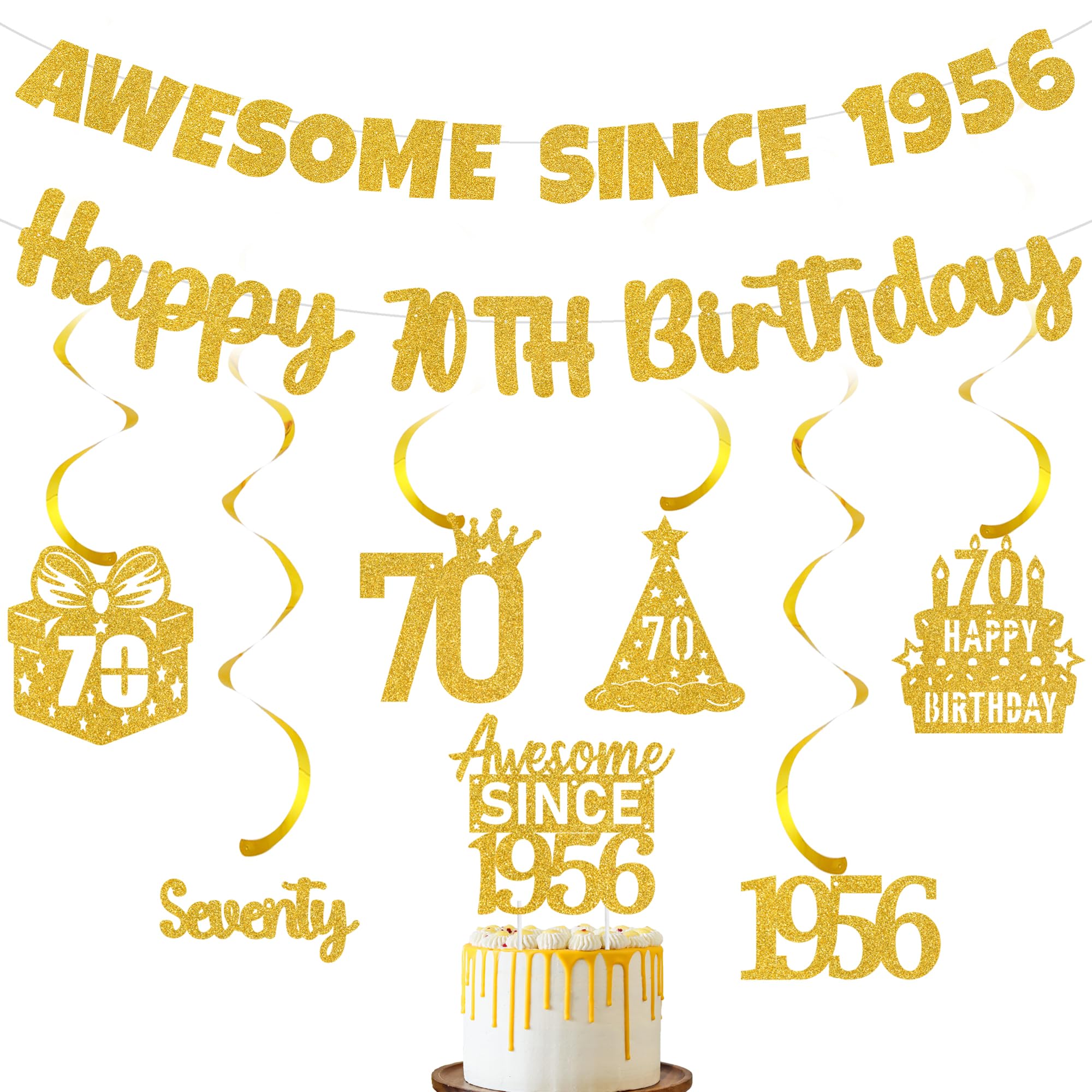 Gold Glitter 70th Birthday Banner - Awesome Since 1956 Decorations with Hanging Swirls and Cake Topper, Party Supplies for Women and Men 70 Year Old Celebration — image 1