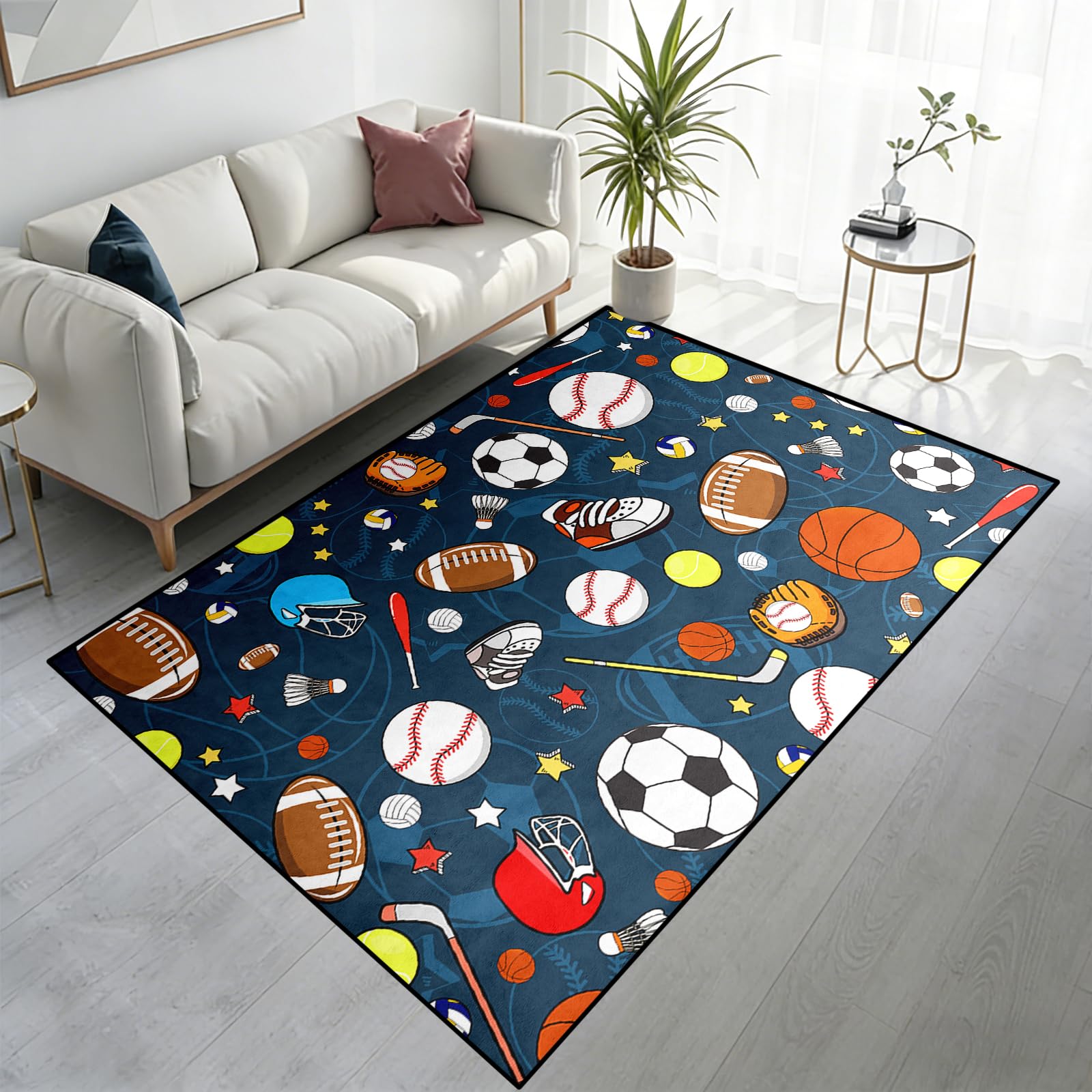 kodhyvj Sports Balls Rug, Sports Rugs for Boys Bedroom Kids Navy Blue Football Basketball Carpet Soccer Room Decor for Boys 2.5x4 Feet