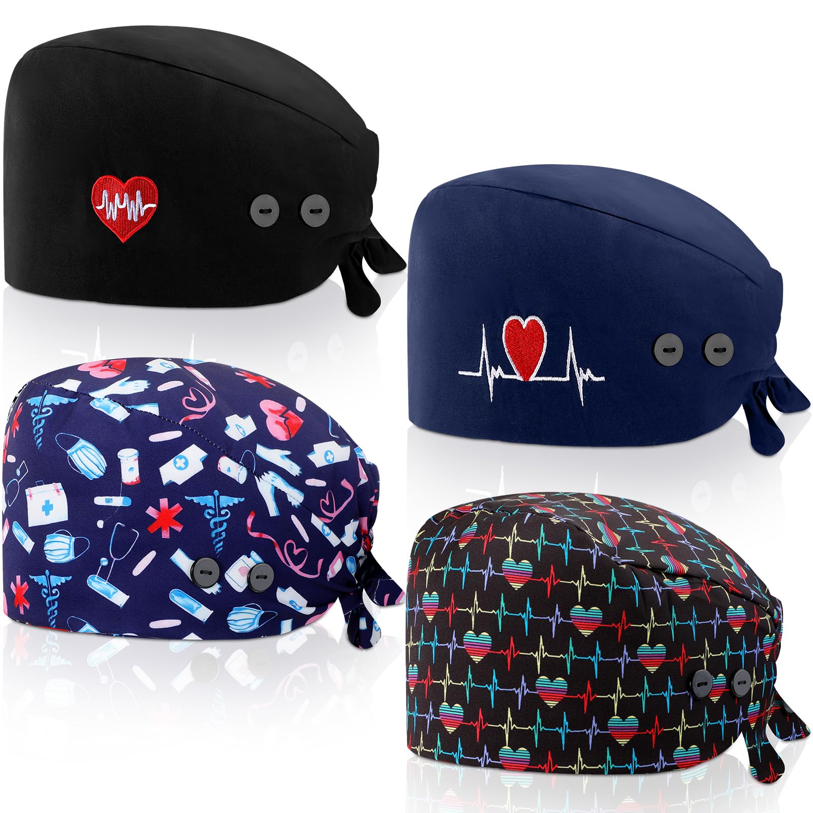 Unittype4 Pcs Nurse Caps for Women Nursing Working Caps with Button and Sweatband Adjustable Elastic Scrub Hats for Dentist