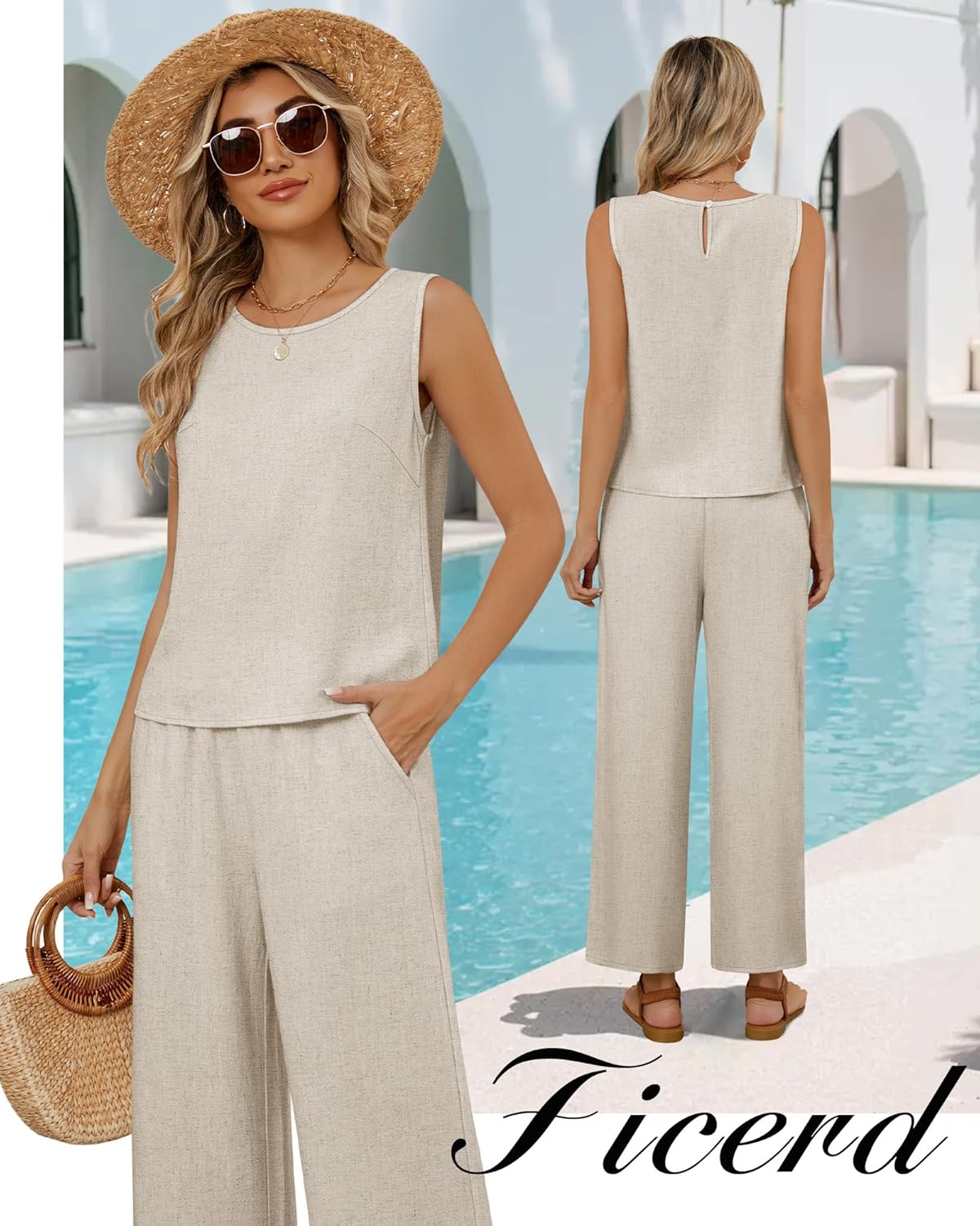 Ficerd Women 2 Piece Summer Outfits Linen beach Set Round Neck Sleeveless Crop Tank Tops Elastic High Waist Cropped Pants - Image 2