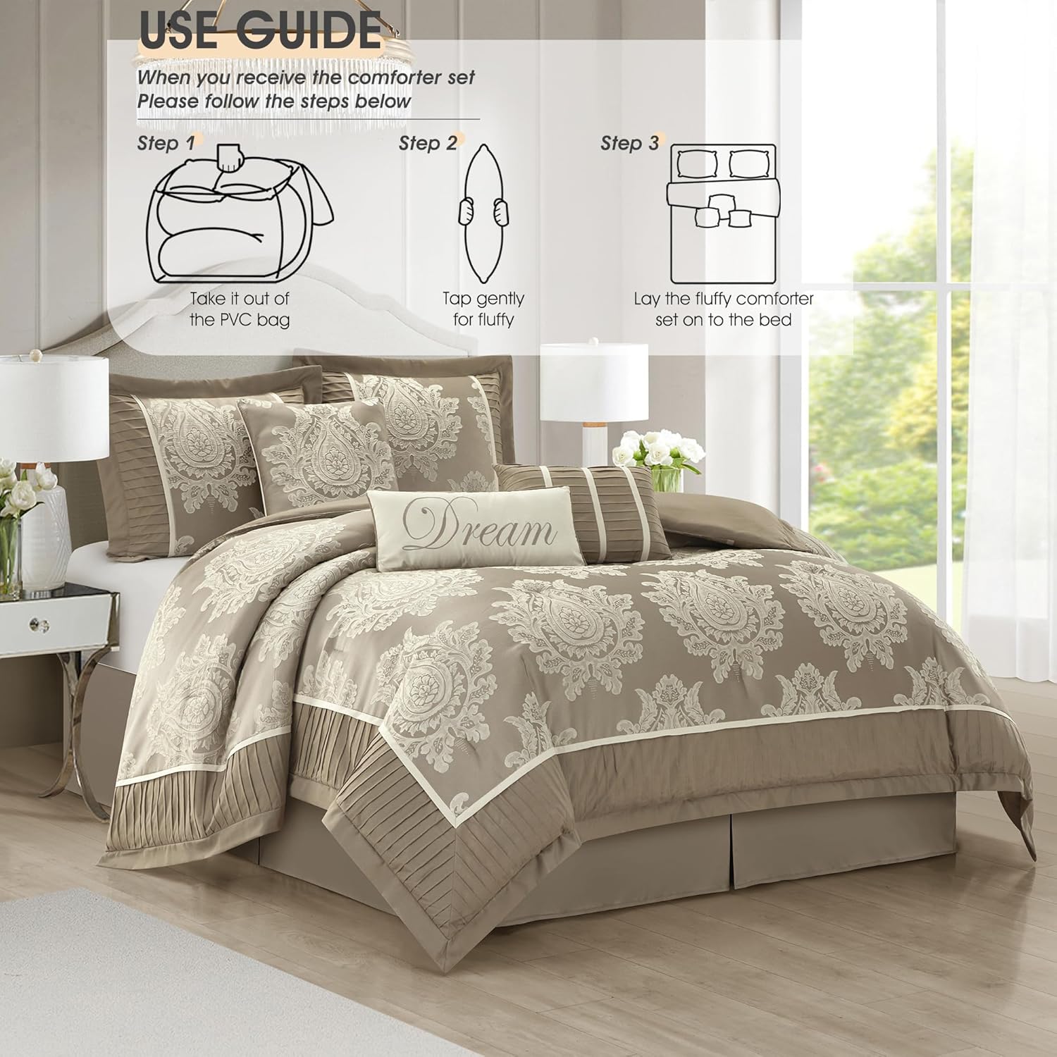 Beige California King Comforter Set 7 Pieces, Jacquard Woven with Damask, Bedding Set in a Bag Includes Comforter, Bed Skirt, Pillow Shams, and Decorative Pillows - Image 7