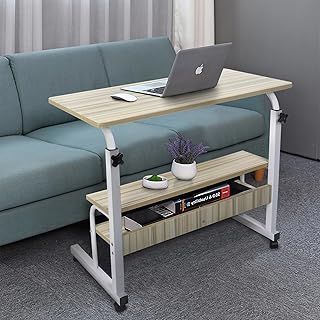 Adjustable Portable Rolling Bedside Work Breakfast Laptop Tray Table Desk Station Portable Overbed/Chair Table Sofa Side Notebook Laptop Desk PC Stand Height Adjustable w/Lockable 4 Castors & Wooden