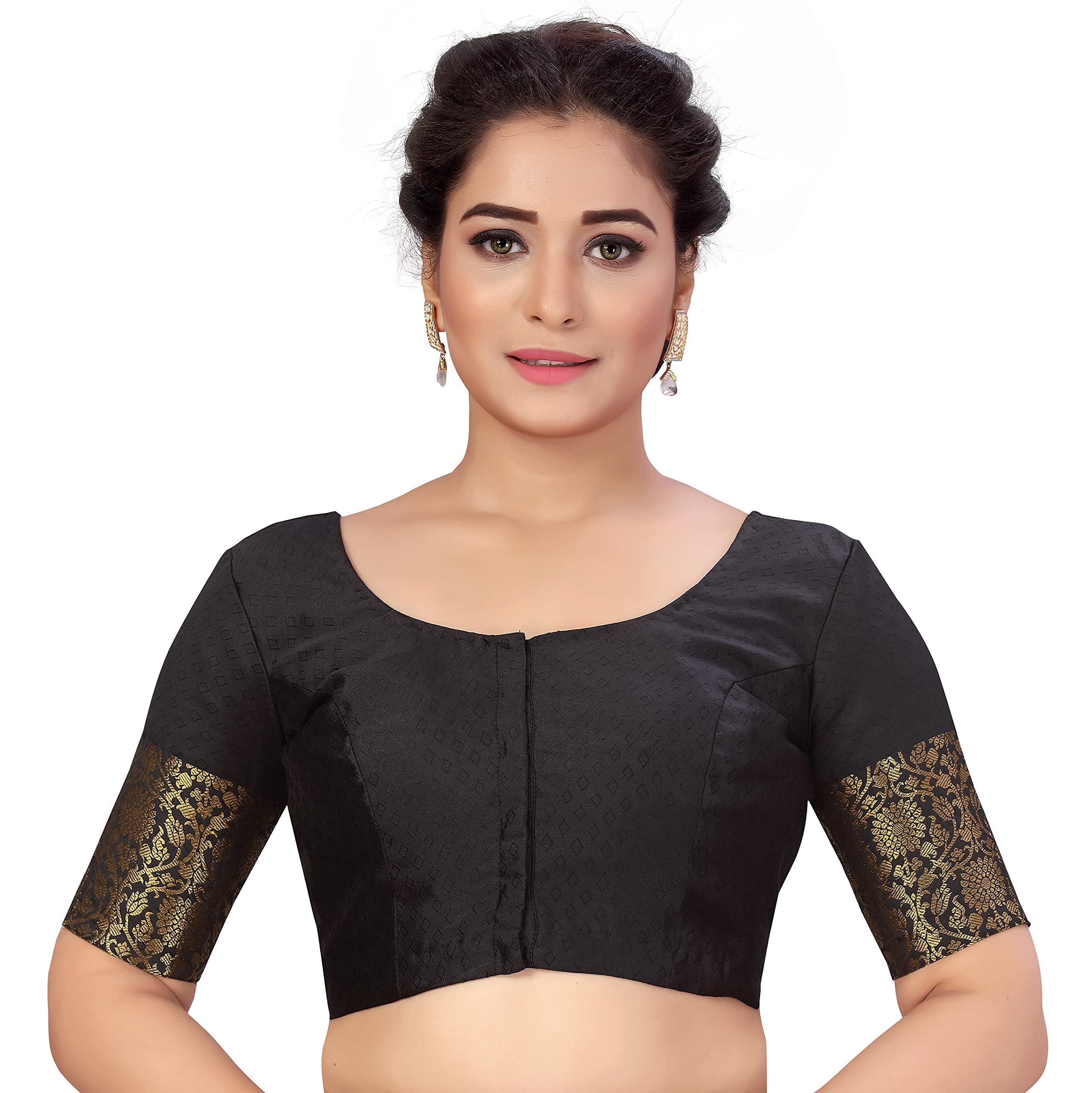 Women's Brocade Elbow Length Sleeves Golden Kanjivaram Border Saree Blouse.
