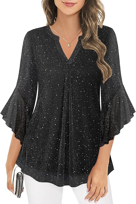 Ninedaily Womens Tops 3/4 Sleeve Dressy Casual Blouses Double Layers V Neck Shirt