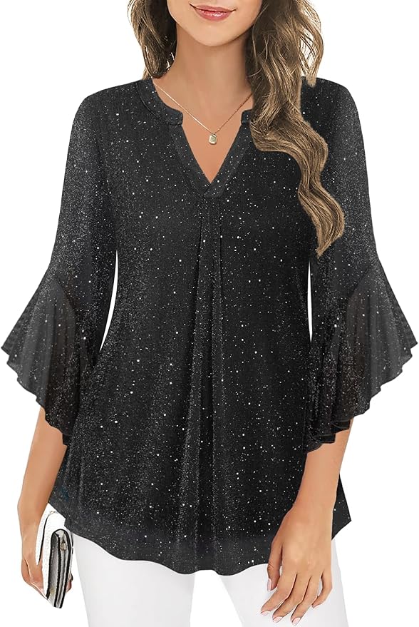 Ninedaily Womens Tops 3/4 Sleeve Dressy Casual Blouses Double Layers V Neck Shirt