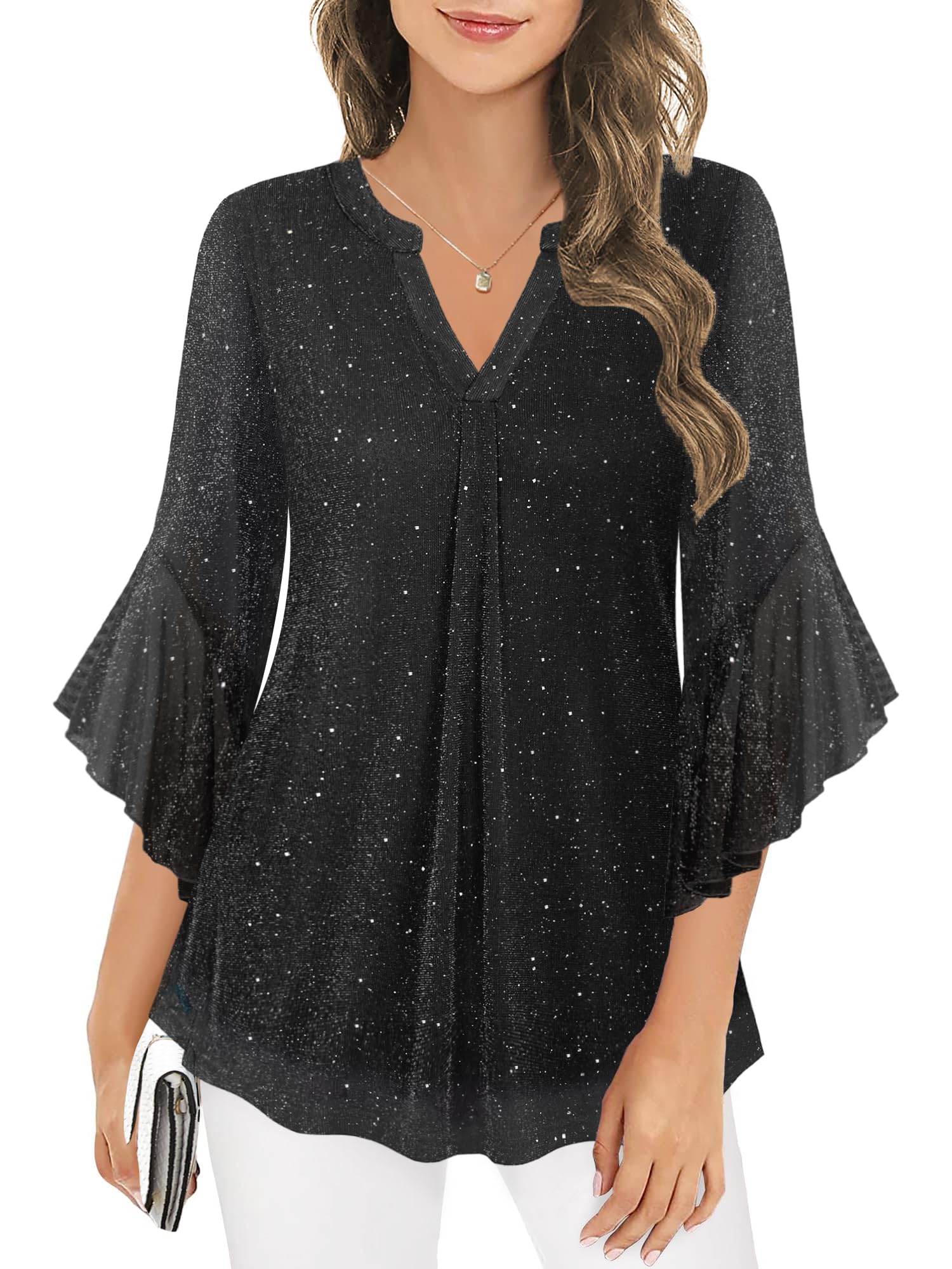 Ninedaily Women's Sparkly Tops 3/4 Sleeve Dressy Casual Sequin Blouses | Body is Lined, V-Neck, Easy to Dress Up or Down, Fancy Outfit for Parties, Cocktail Events, Christmas & Holiday Vacations