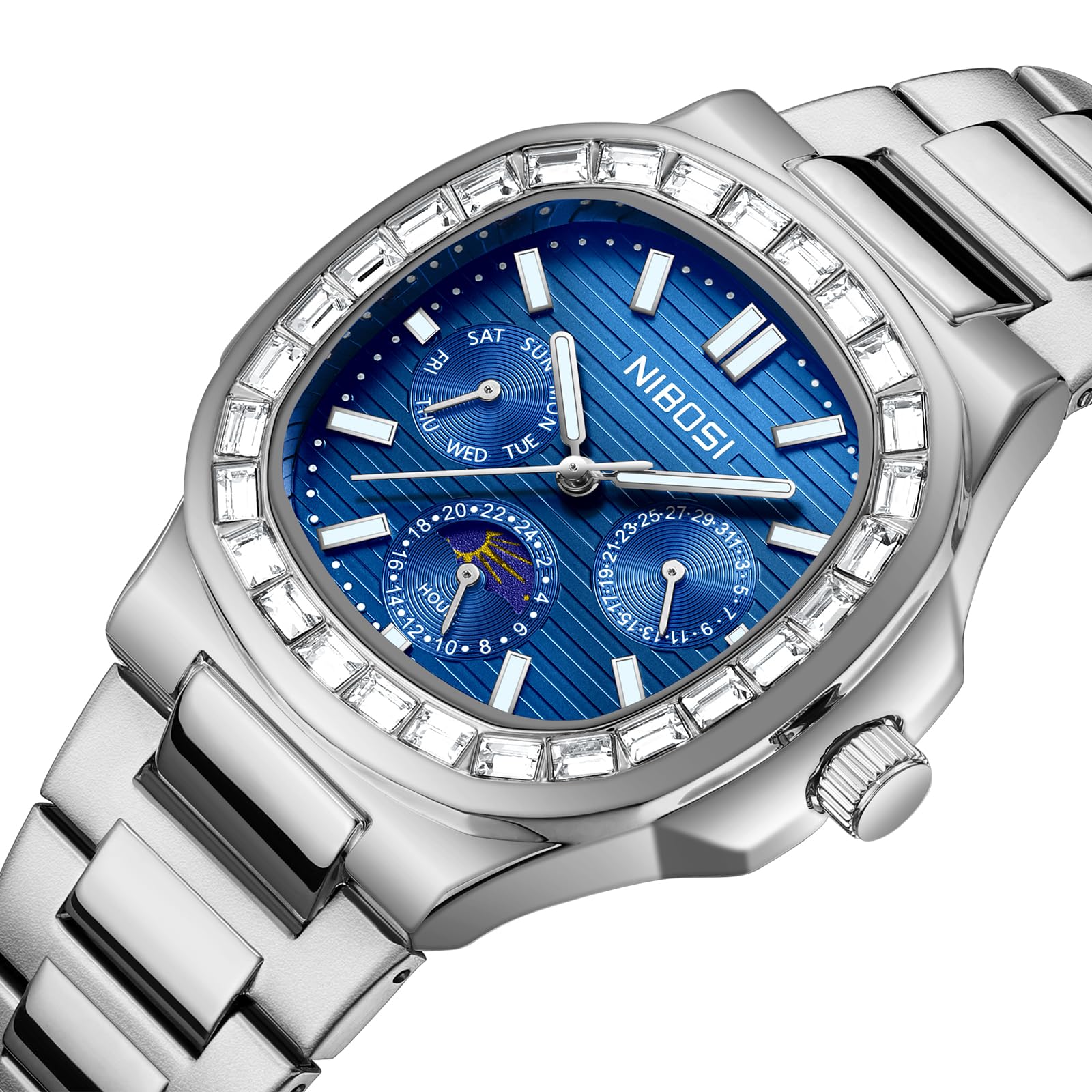 NIBOSI Orologio da polso da uomo analogico al quarzo multifunzione cronografo fase lunare impermeabile luminoso in acciaio inox