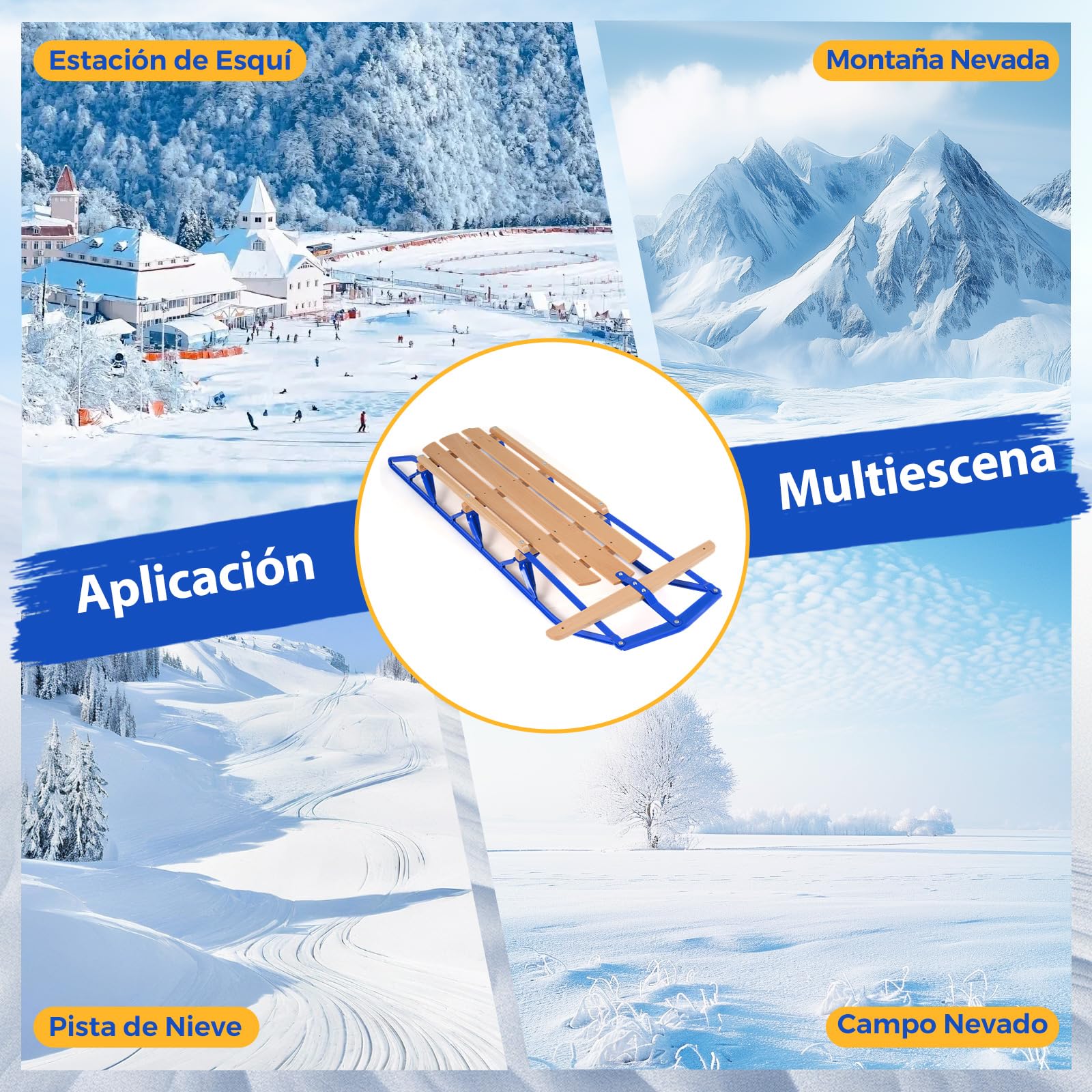 COSTWAY Trineo de Metal con Patines, Trineo de Acero y Madera con Barra de Dirección para Deslizarse en la Nieve, para Adultos y Niños Más de 5 años, Capacidad de 150 kg, 137 x 58 x 16 m