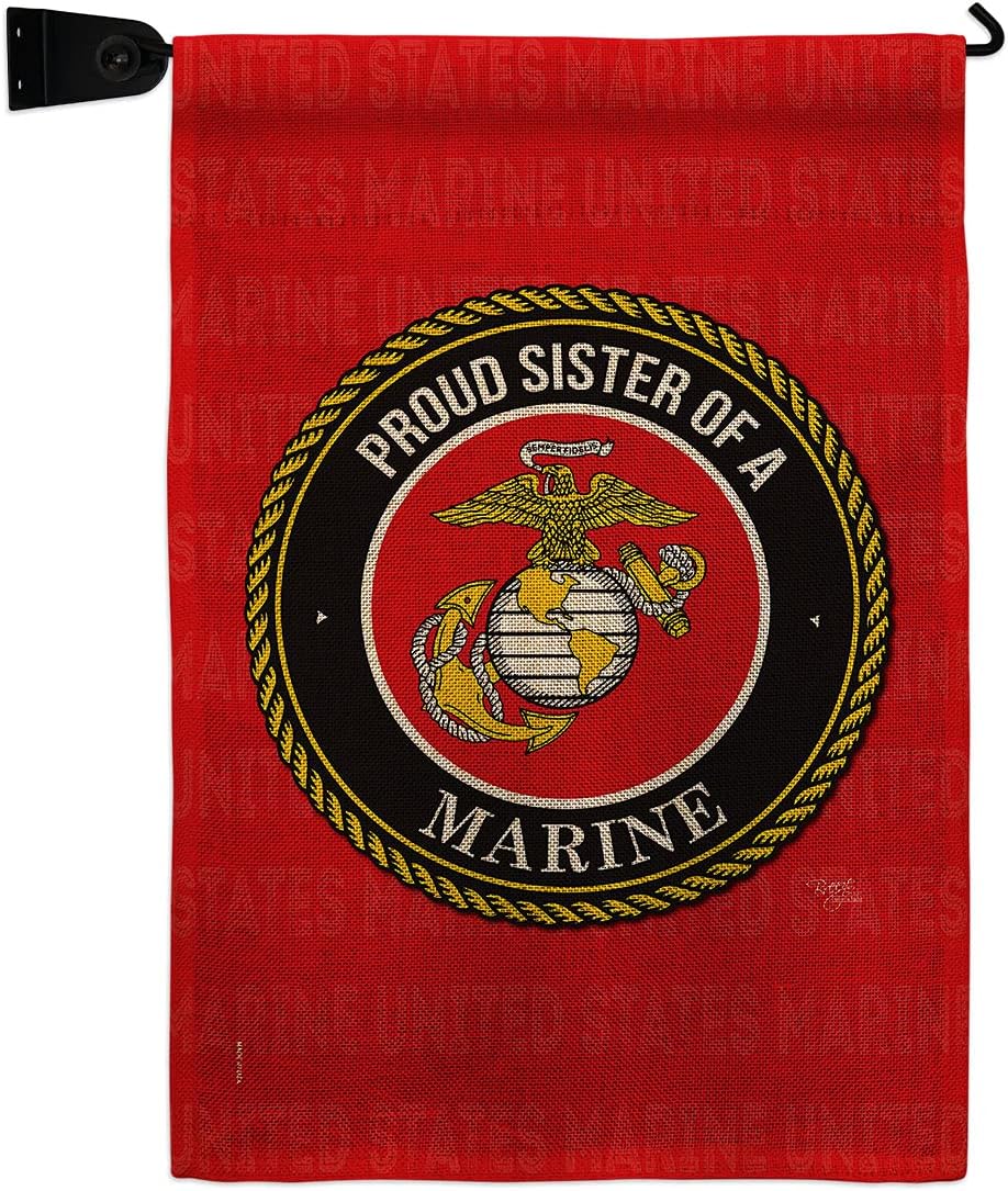 Proud Sister Marines Garden Flag Set Wall Holder Armed Forces Marine Corps USMC Semper Fi United State American Military Veteran Retire Official Small Gift Yard House Banner Double-Sided 13 X 18.5