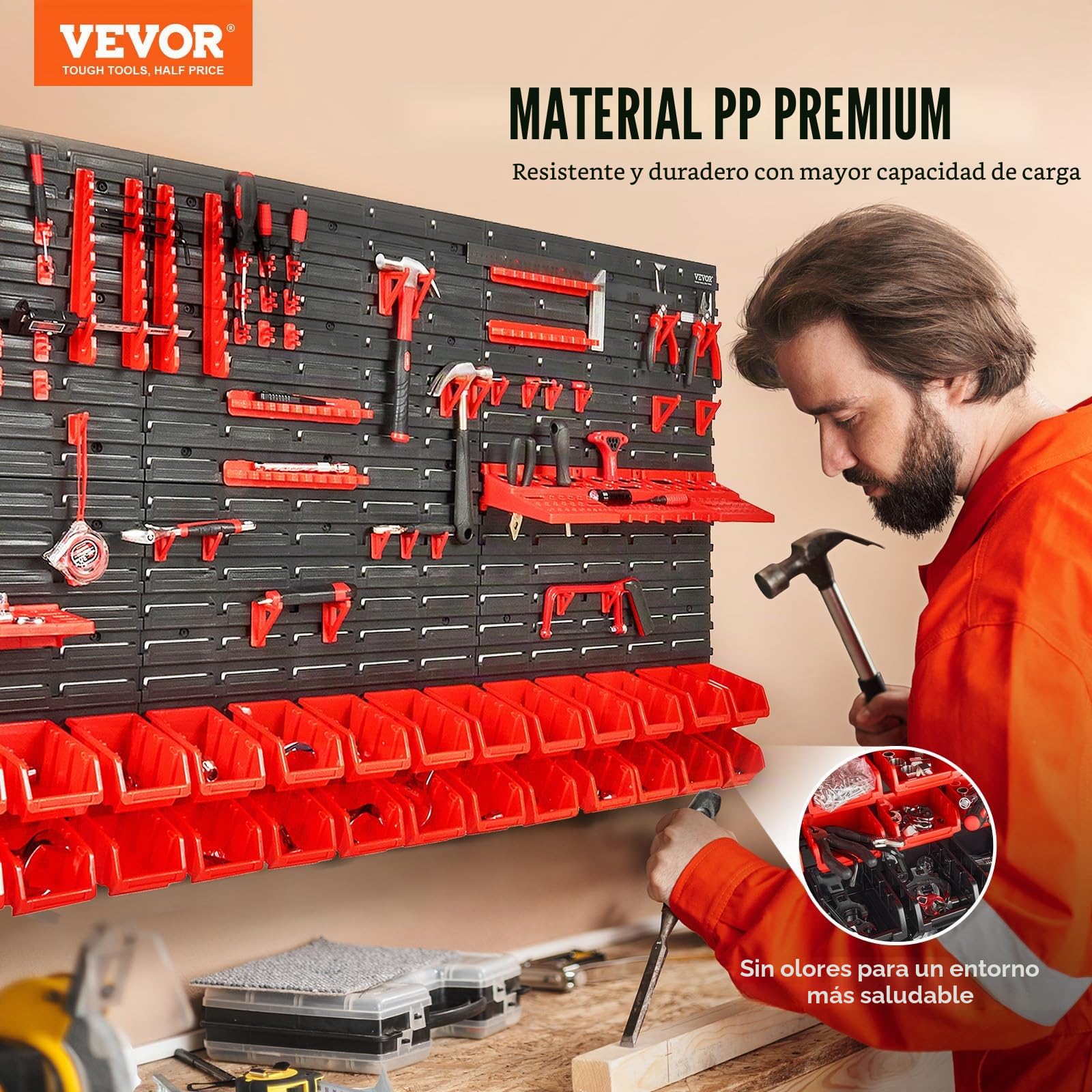 VEVOR Estante de Plástico 30 Cajas de Almacenamiento para Taller Garaje con Paneles de Pared Organizador de Herramientas para Tuercas, Pernos, Tornillos, Clavos, Botones, Piezas Pequeñas, Negro/Rojo