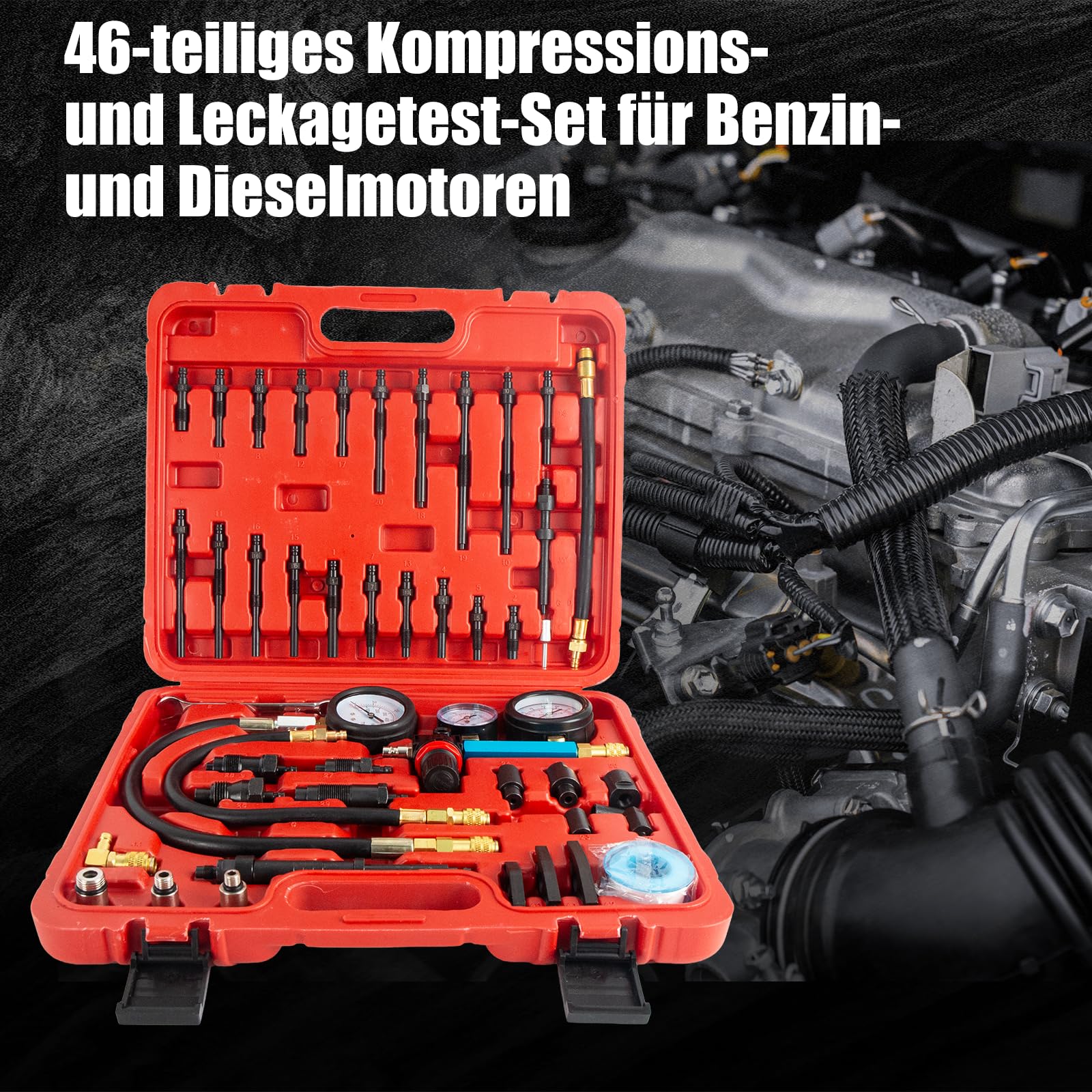 46 piezas profesional Compresión Comprobador de Compresión Compresión Comprobador de Compresión Motor Gasolina Diesel Comprobador de Compresión Cilindro con Dual Gauge Engine para coches, coches