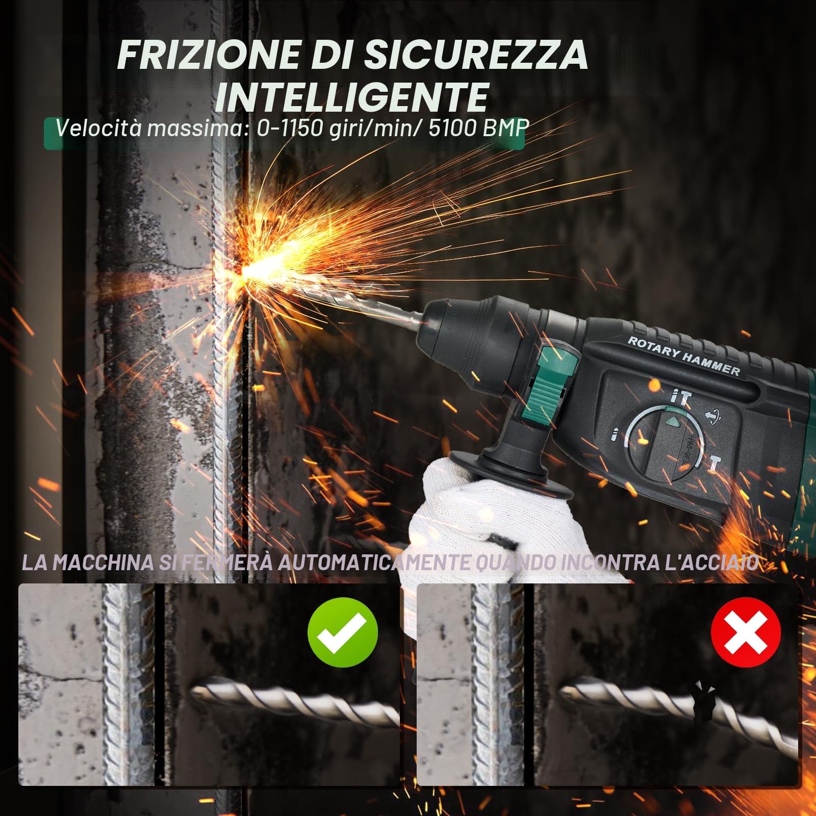STANEW Martello Perforatore SDS Plus 950W, Martillo ligero 0-1150giri/min/5100BPM,4 funzioni e frizione di sicurezza, impugnatura girevole a 360°, velocità variabile, Calcestruzzo Acciaio, Legno