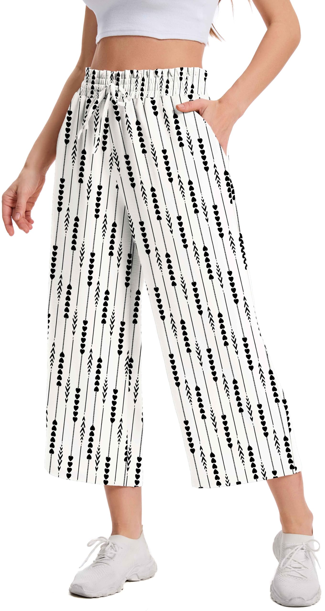 WUWUSKY Damen 3/4 Culotte Hose Leichte Sommerhose mit Taschen | Atmungsaktives Stoff Caprihose für Damen