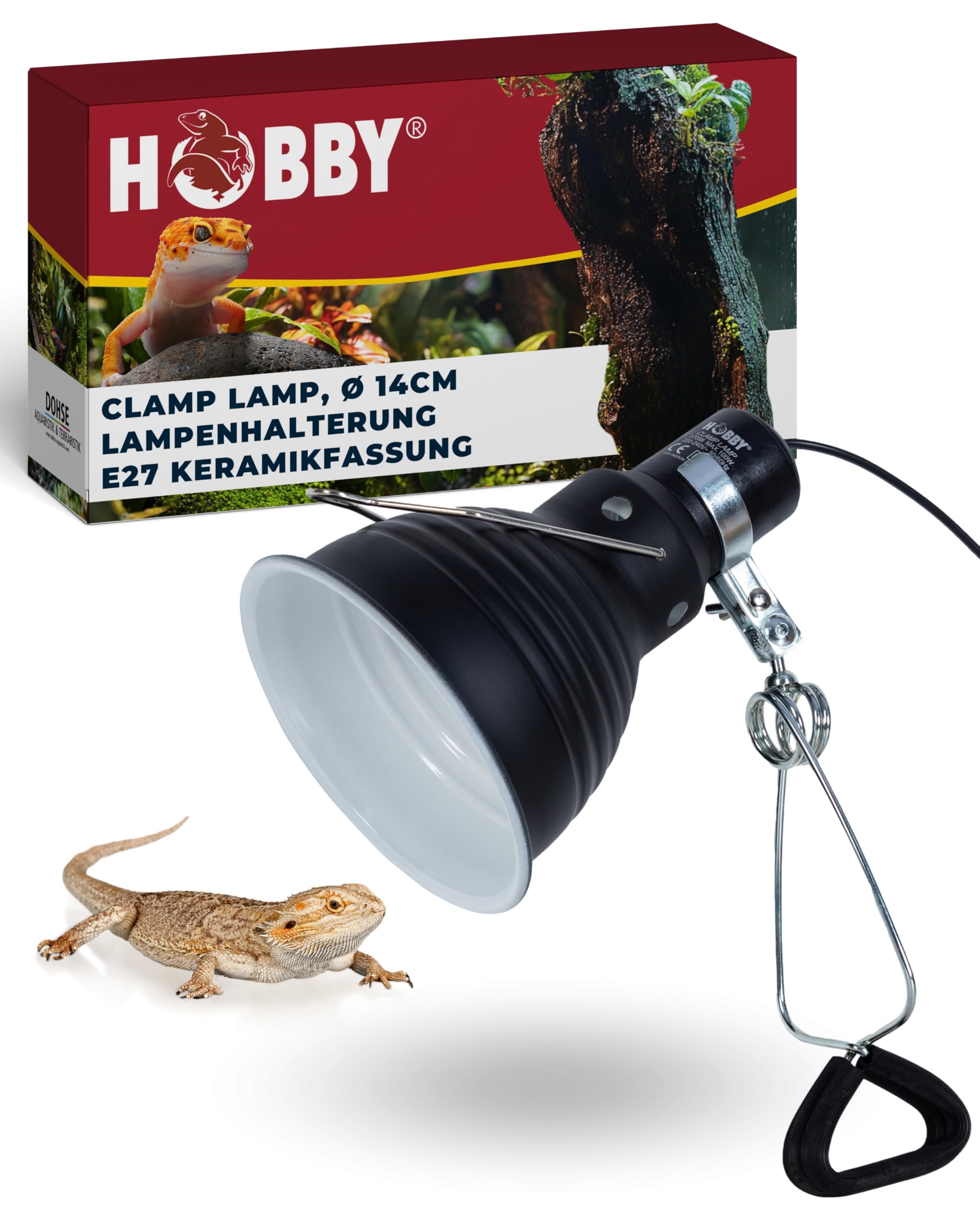 Hobby Clamp Lamp Terrarium Leuchte 14 cm I Hitzebeständige Keramikfassung E27 für Wärme-, Licht- & UV-Lampen I Mit Reflektorschirm, Klammer & Schalter I Sichere, Flexible Terrarium Beleuchtung