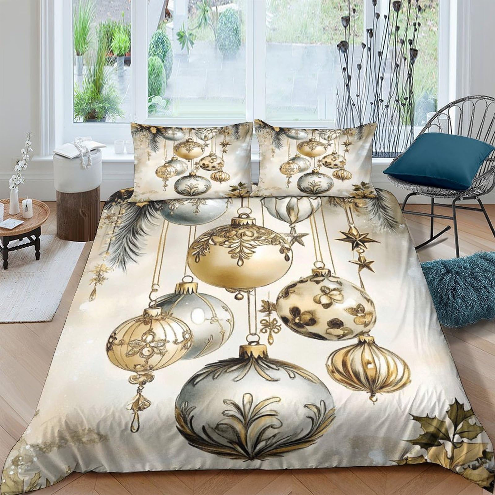 Ctjqhvkz Style-10 3D Printed Golden Christmas Ornament Fitted Sheet Microfiber Soft Bed Cover For Bedroom Guest Room Decorative Protection Single（135X200cm）