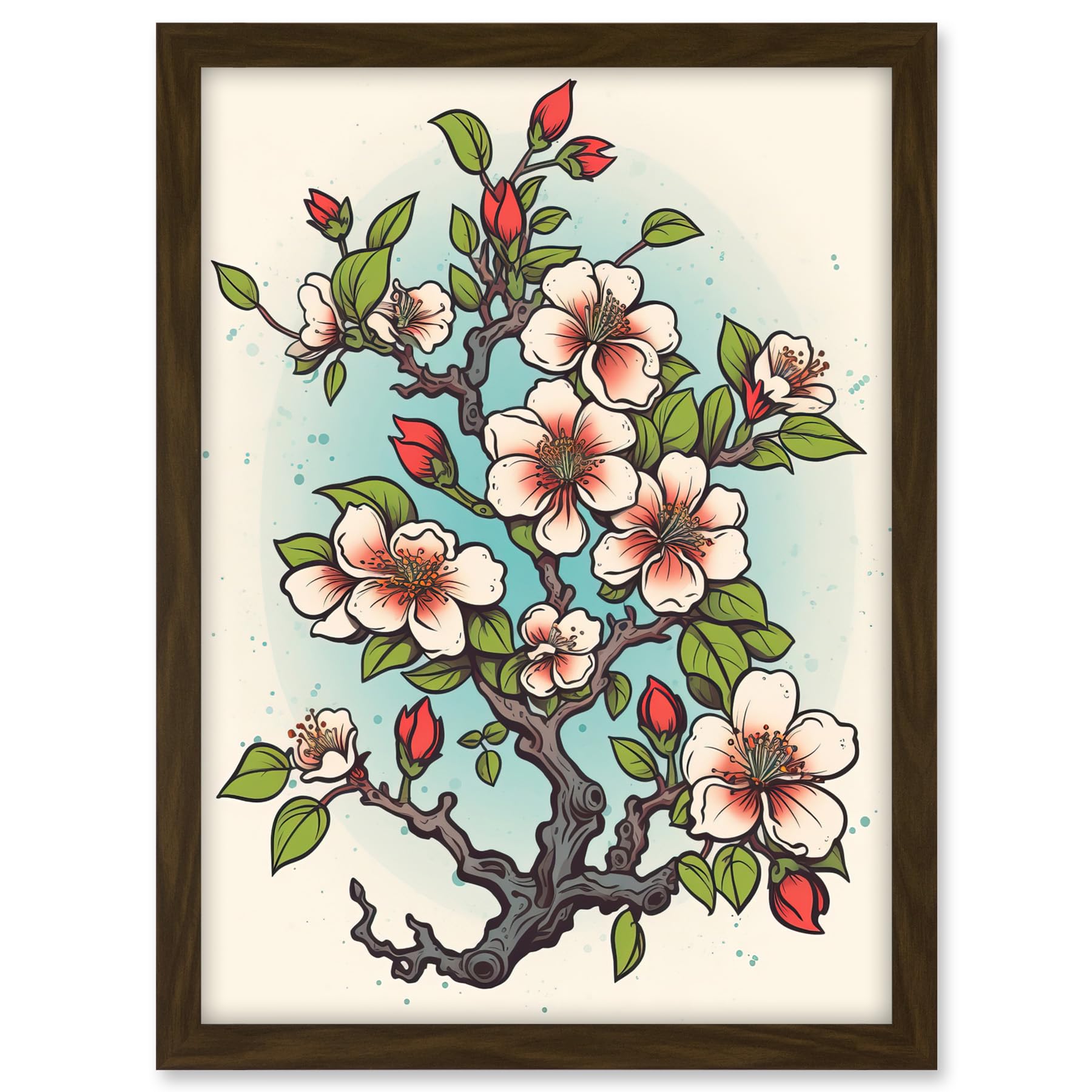 Artery8 Cherry Blossom Branch Bright Tattoo Ink Body Art Rockabilly Americana 50s Artwork Framed A3 Wall Art Print