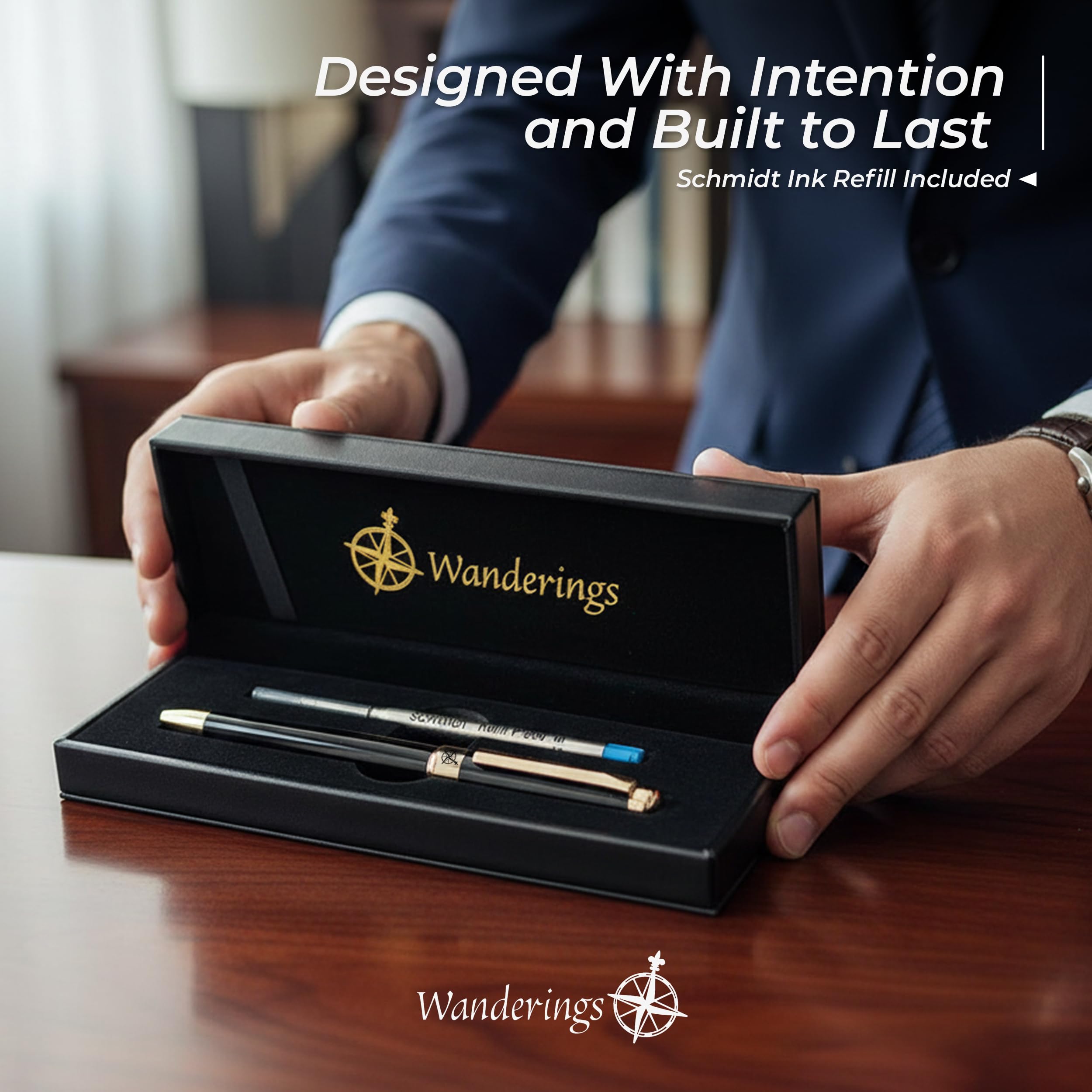 WANDERINGS Premium Rollerball Pen with German Ink Perfectly Balanced for a Superb Writing Experience, 24K Gold Plated Black Piano Black - Includes a Schmidt Refill in a Giftable Presentation Case - Image 2