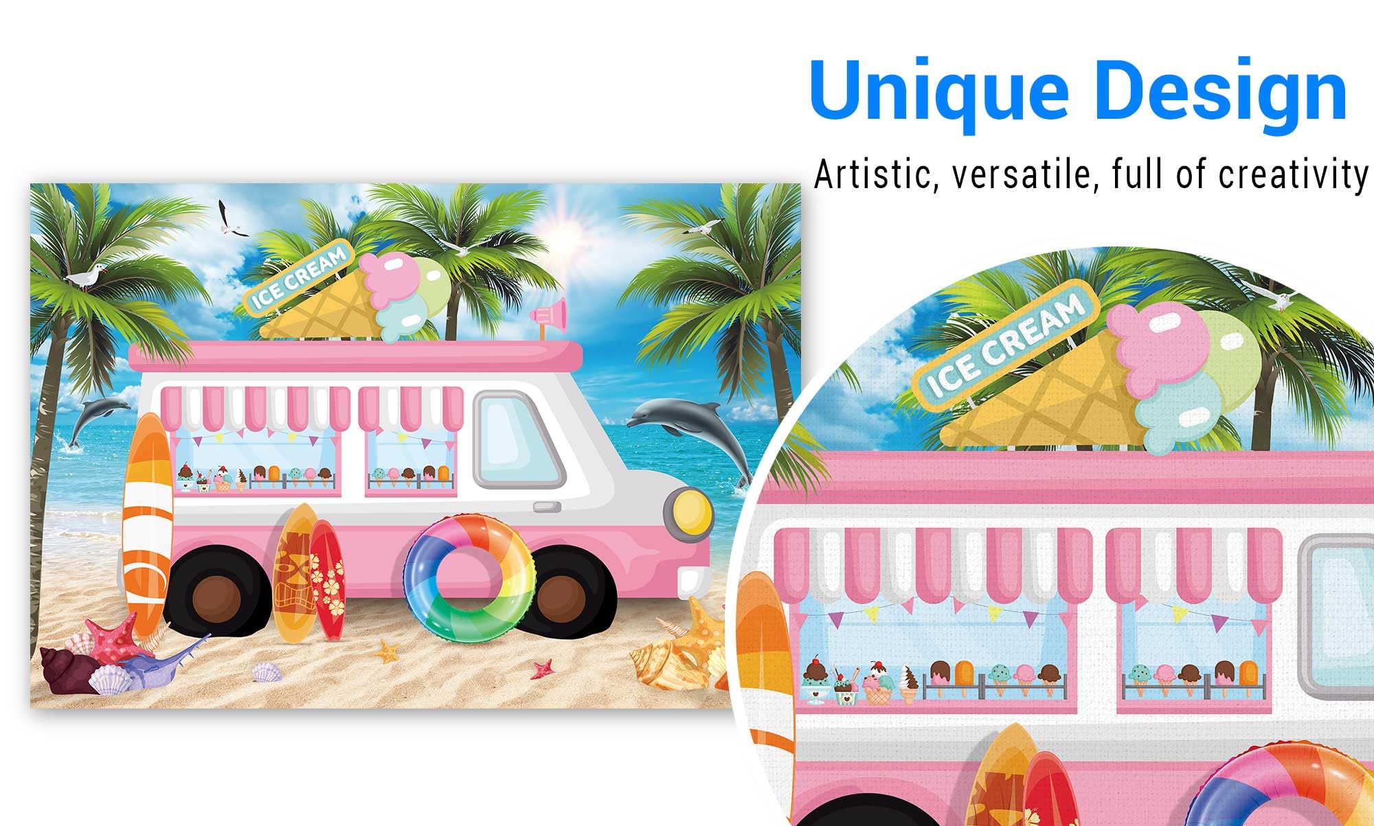 Funnytree 7x5ft Ice Cream Party Backdrop Dessert Shop Truck Photography Background Summer Hawaii Beach Seaside Pink Car Baby Girl Kids Birthday Cake Table Decorations Banner Photo Studio Booth Props
