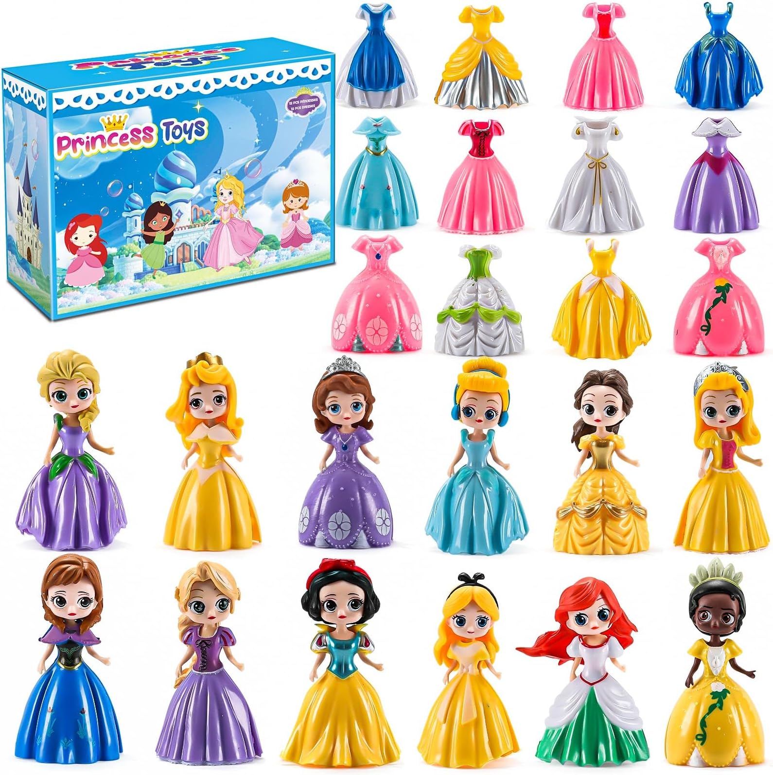 Princess Toy for Girls - 12 Princesses with 24 Pieces of Clothing Princess Transformable Toys Perfect Decorative Idea for Fun Play, Party Favors, Classroom Prizes,Kids Gift