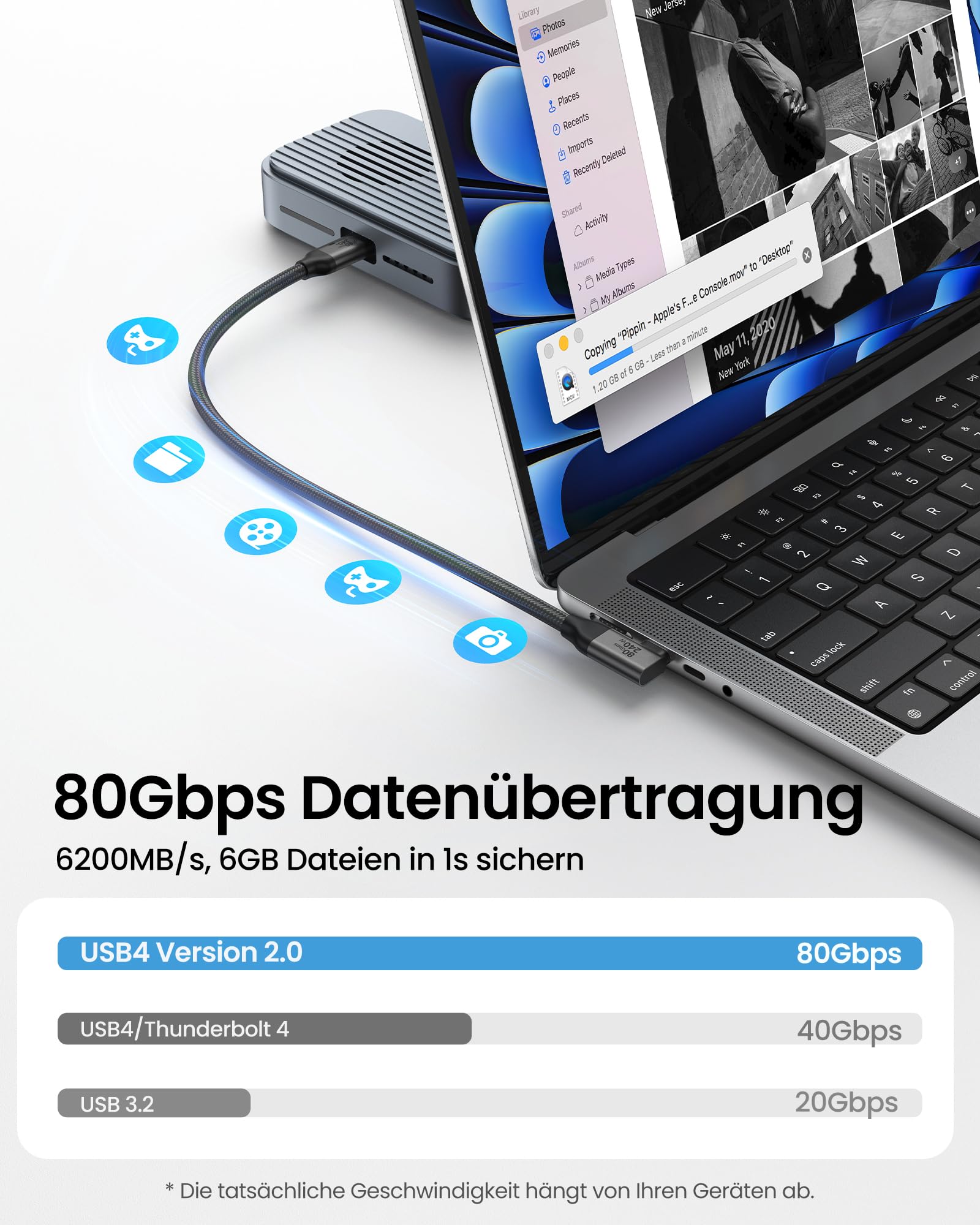 Silkland 80Gbps USB4 V2.0 Kompatibel mit Thunderbolt 5 Kabel 3M Winkel | bis zu 120Gbps mit Bandwidth Boost 16K/Dual 8K, PD3.1 240W, USB-C Kabel 90Grad für Thunderbolt 4/3, SSD, MacBook M4 Pro, Dock