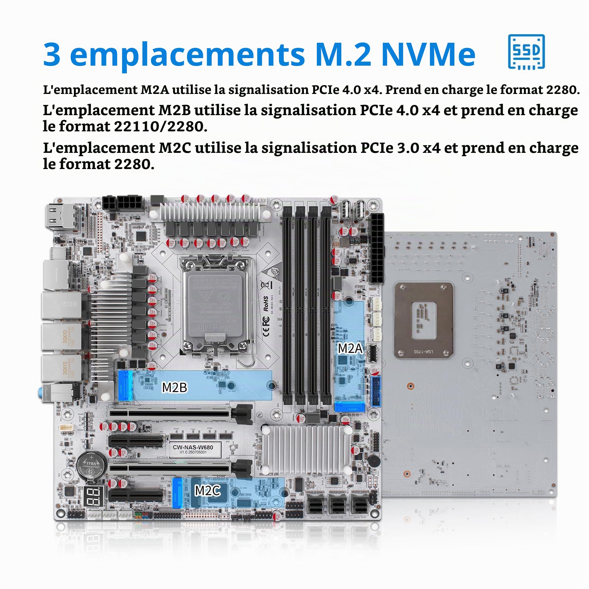 CWWK W680 NAS Motherboard Micro ATX 12 Bay, LGA 1700 mATX Carte mère Blanc avec 10GbE&2 * 2.5GbE LAN, 4 x DDR5 Desktop RAM (ECC), 3 x NVMe, PCIe5.0 x16, vPro (3X 4-SATA Cable)