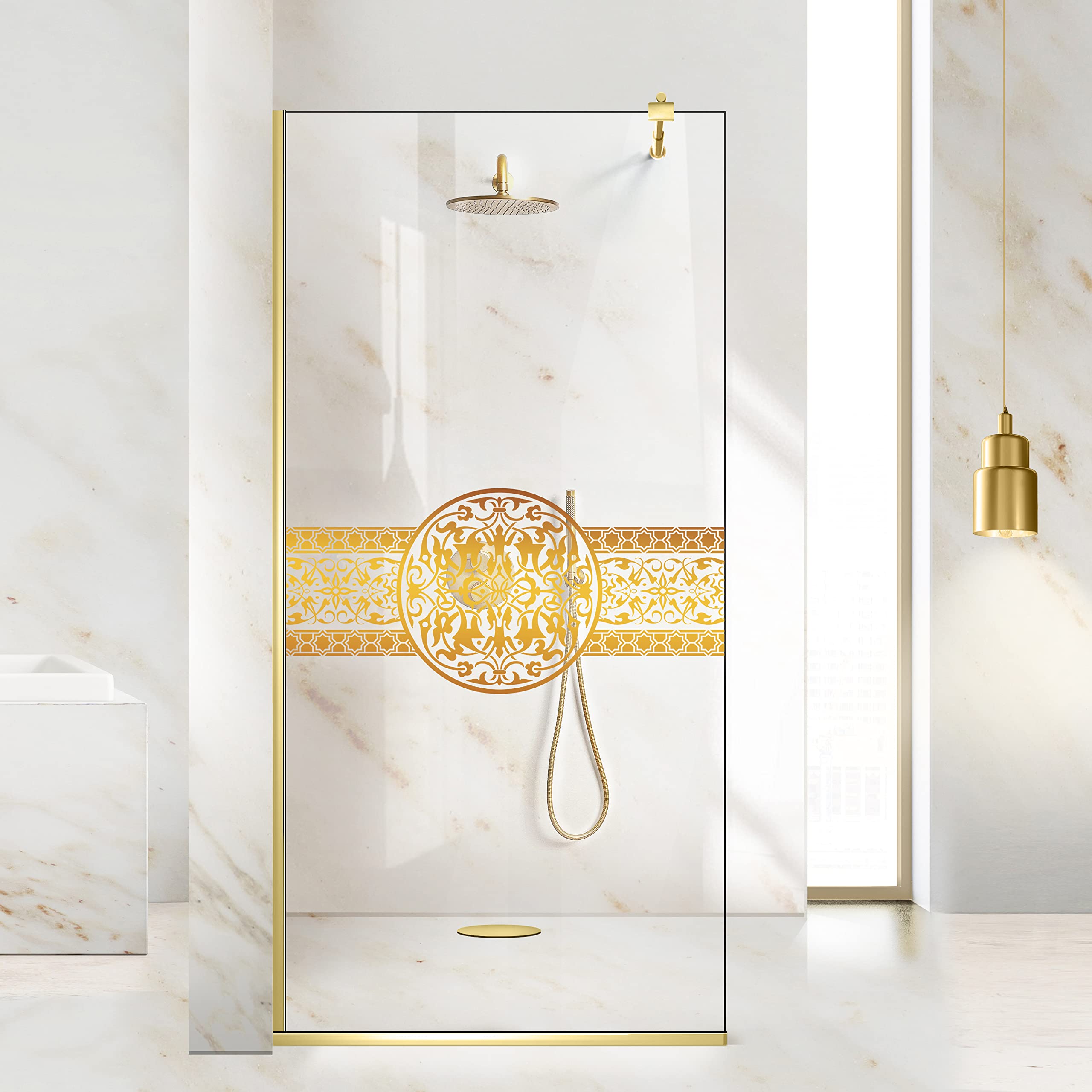 Aqua Roy Gold, modelo Doha MEDALION Golden, tamaño 90 cm desde 70/80/90/100/110/120, mampara de ducha, cristal transparente de 8 mm, con patrón de chorro de arena nano recubierto (90 x 195 cm)