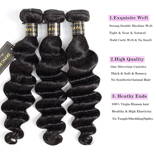Miniatura 2 de Mechones de cabello suelto con ondas profundas peruanas con cierre, (16"18"20"+14Cierre) Extensiones de cabello peruano virgen 8A con mechones