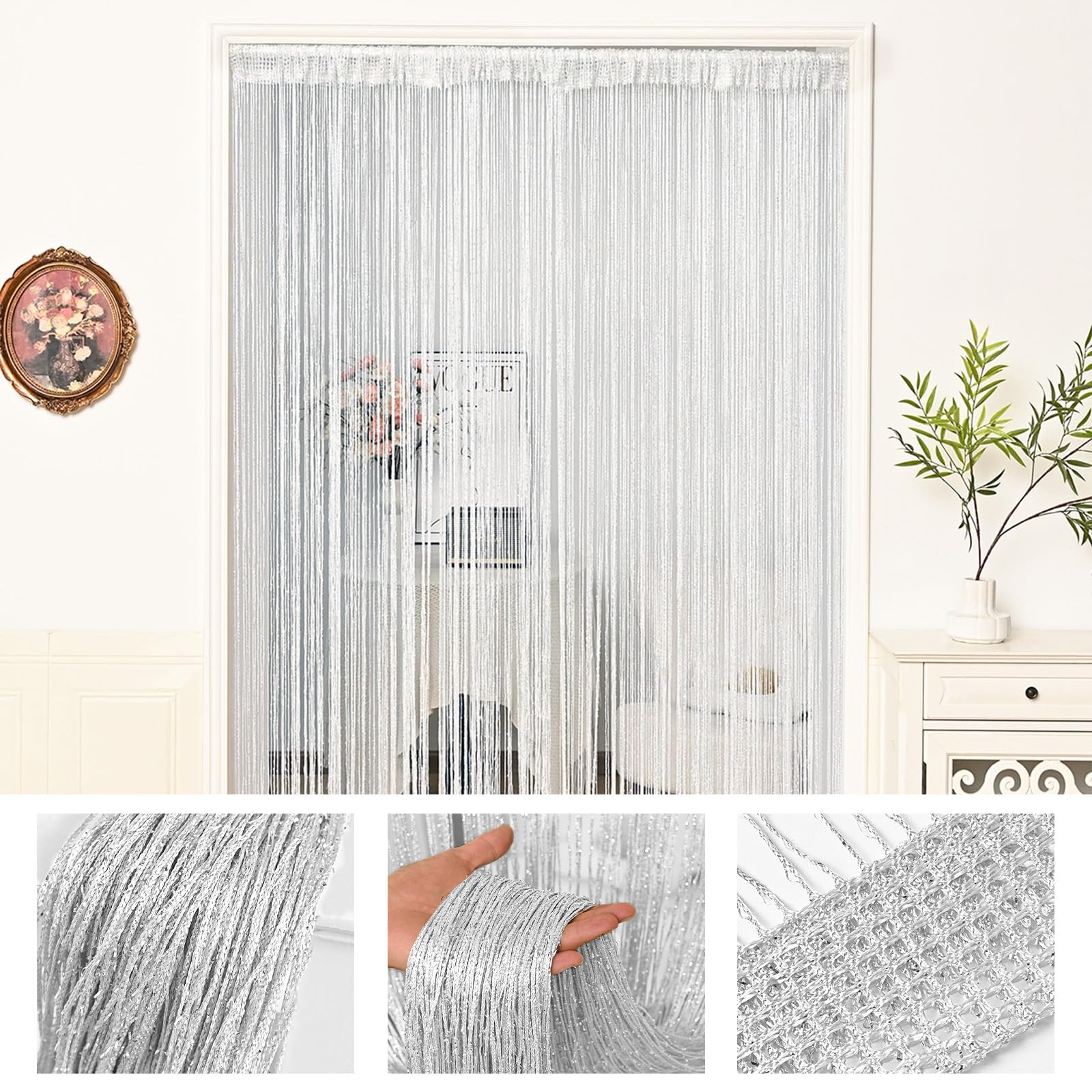 MeYuxg 4 Tenda per Porta con Frange Glitter,100 x 200cm Pannello Tenda a Fili,Effetto Cascata di Rugiada,Divisorio per Camere,per matrimoni, feste,Finestre, Decorazione (Bianco)