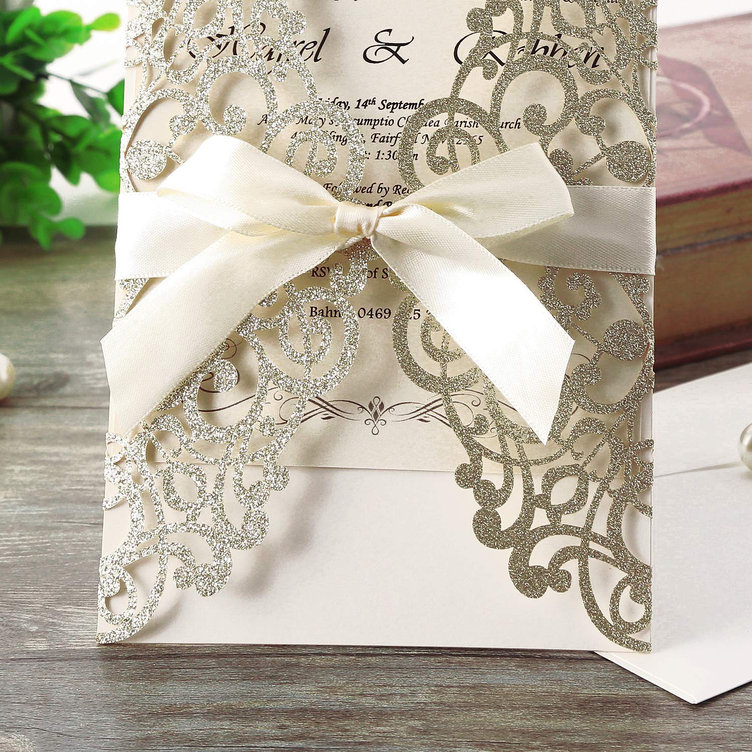Hosmsua 20pcs taglio Laser inviti di nozze, Champagne inviti da matrimonio carta con Nastro Pizzo Flora Design per la festa di compleanno di festa di compleanno inviti di nozze (20pcs)