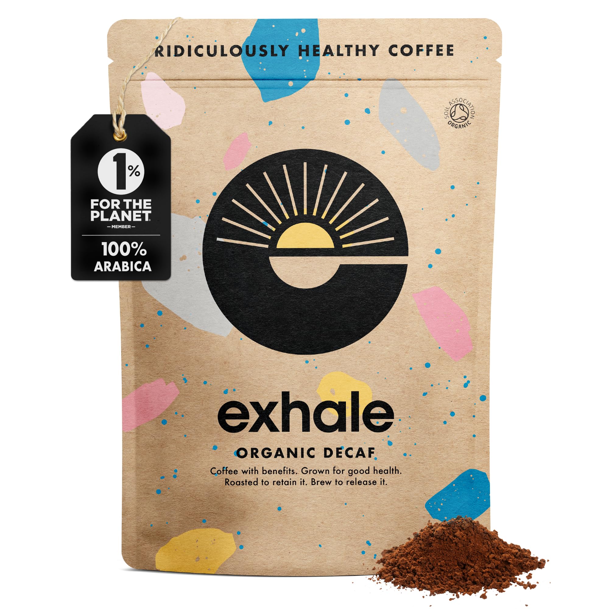EXHALE Bio Kaffee Gemahlen Entkoffeiniert (225g), 100% Arabica, Mykotoxinfrei & Polyphenolreich, Koffeinfreier Kaffee für Filterkaffee & French Press (Decaf)