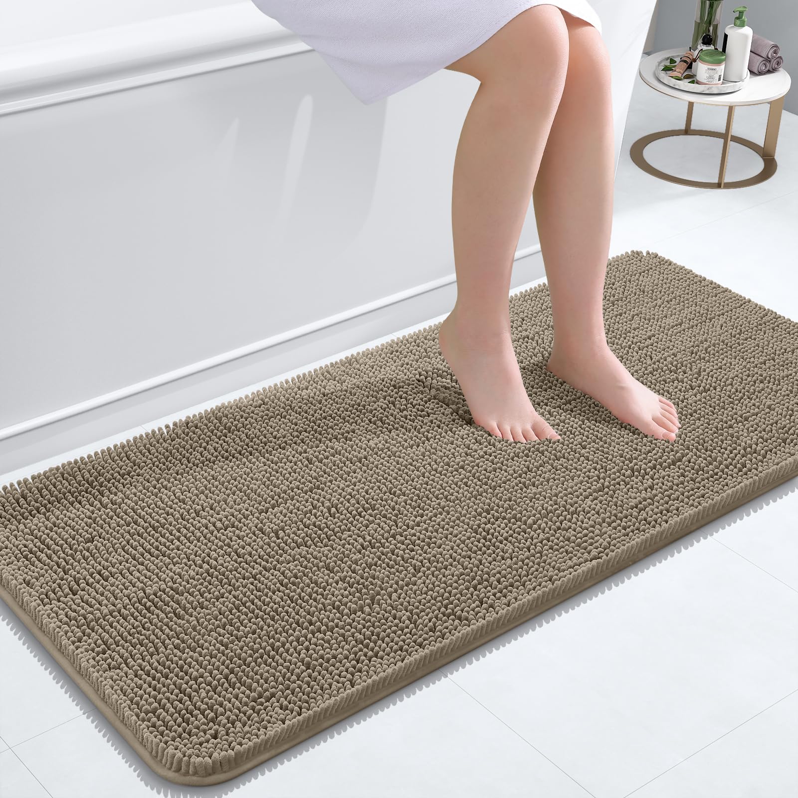 OLANLY Bathroom Runner Rugs 47x20, Extra Soft Absorbent Chenille Bath Rugs | Warm Taupe, Quick-Drying Rubber Backing, Washable Long Bath Mat for Bathroom Floor, Tub and Shower, Home Decor Accessories