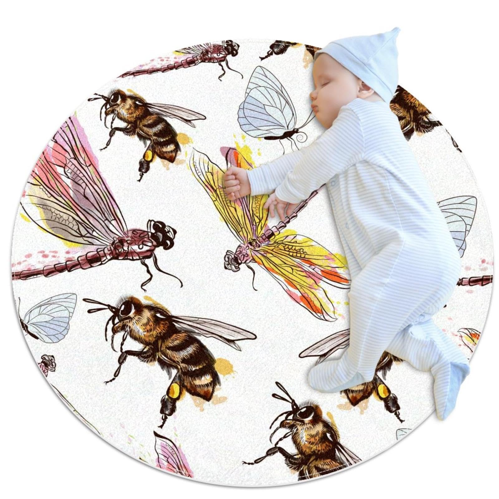 Tapis de salle de bain libellule et faune des jardins, grand tapis rond lavable