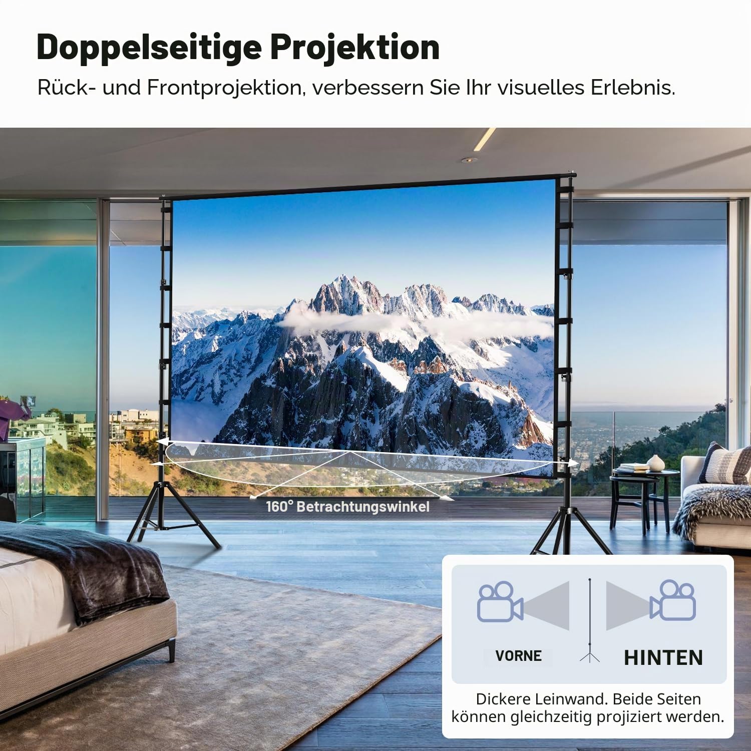 Wootfairy Projektionsleinwand mit Ständer, 381 cm (150 Zoll) tragbare und faltbare Projektionsleinwand 4K HD 16:9 knitterfreie Filmleinwand für Rück- und Frontprojektion mit Tragetasche für drinnen