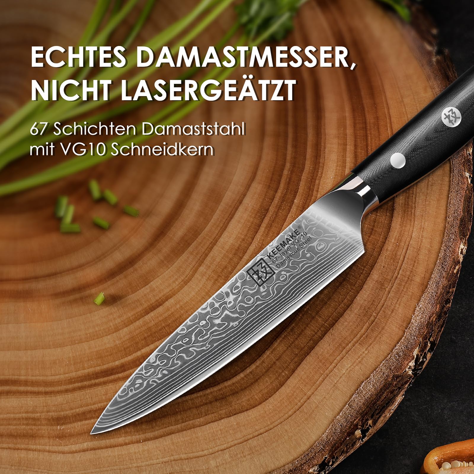KEEMAKE 13cm Allzweckmesser – Profi Küchenmesser aus 67 Lagen VG-10 Damaststahl, Extrem Scharfes Gemüsemesser & Fleischmesser, ergonomischer G10 Griff. für Haushalt, Gastronomie, Vatertagsgeschenk