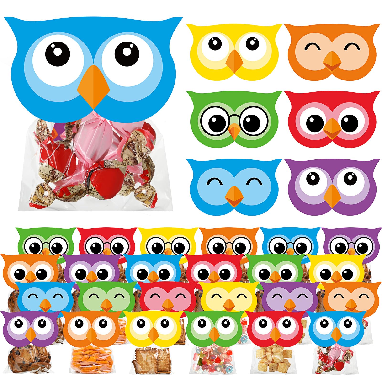 SilTriangle 48 Sets of Owl Party Cellophane Treat Bags with Owl Toppers Cellophane Bags for Thanksgiving Christmas Candy Gift Christmas Party Favor