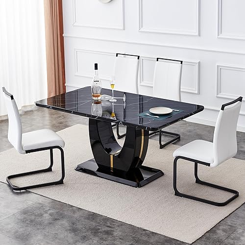 Miniatura 43 de Juego de mesa de comedor para 6, juego de sillas de cocina de 6, juego de comedor moderno con mesa de 63' de mármol y sillas tapizadas de PU para la