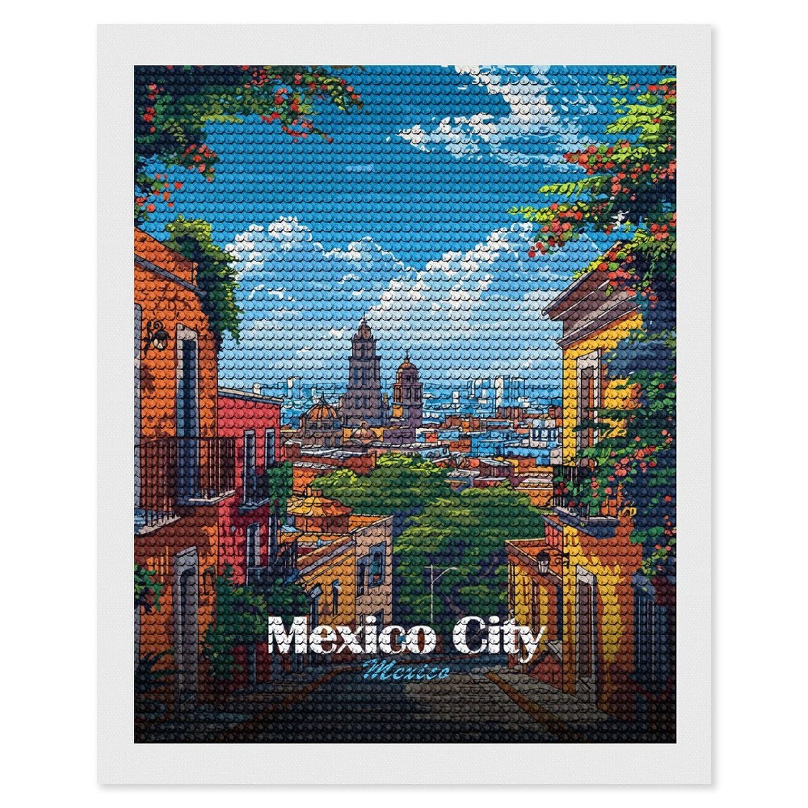 Junmoney Mexico City Skyline DIY Diamond Art Canvas Kit 16"x20", for Teens, Finish and Display, Holiday Gift Idea, Vintage Style Decor