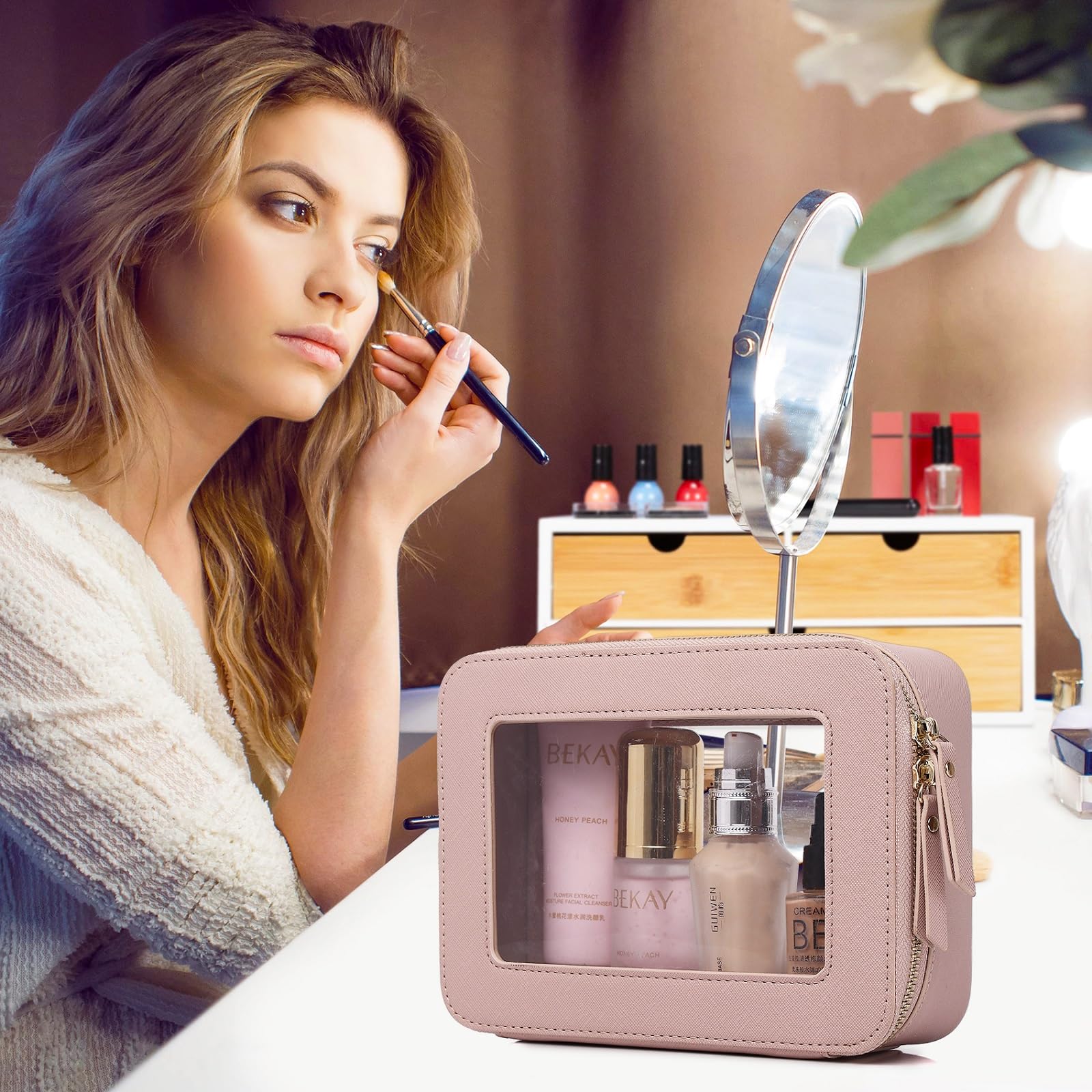Pinkmik Durchsichtige Make-up-Tasche, transparentes Reise-Set für Kosmetika und Toilettenartikel, Pinseltasche für Damen und transparente Autotasche mit Reißverschluss, D/Rosa, L+M+Mini, Transparentes