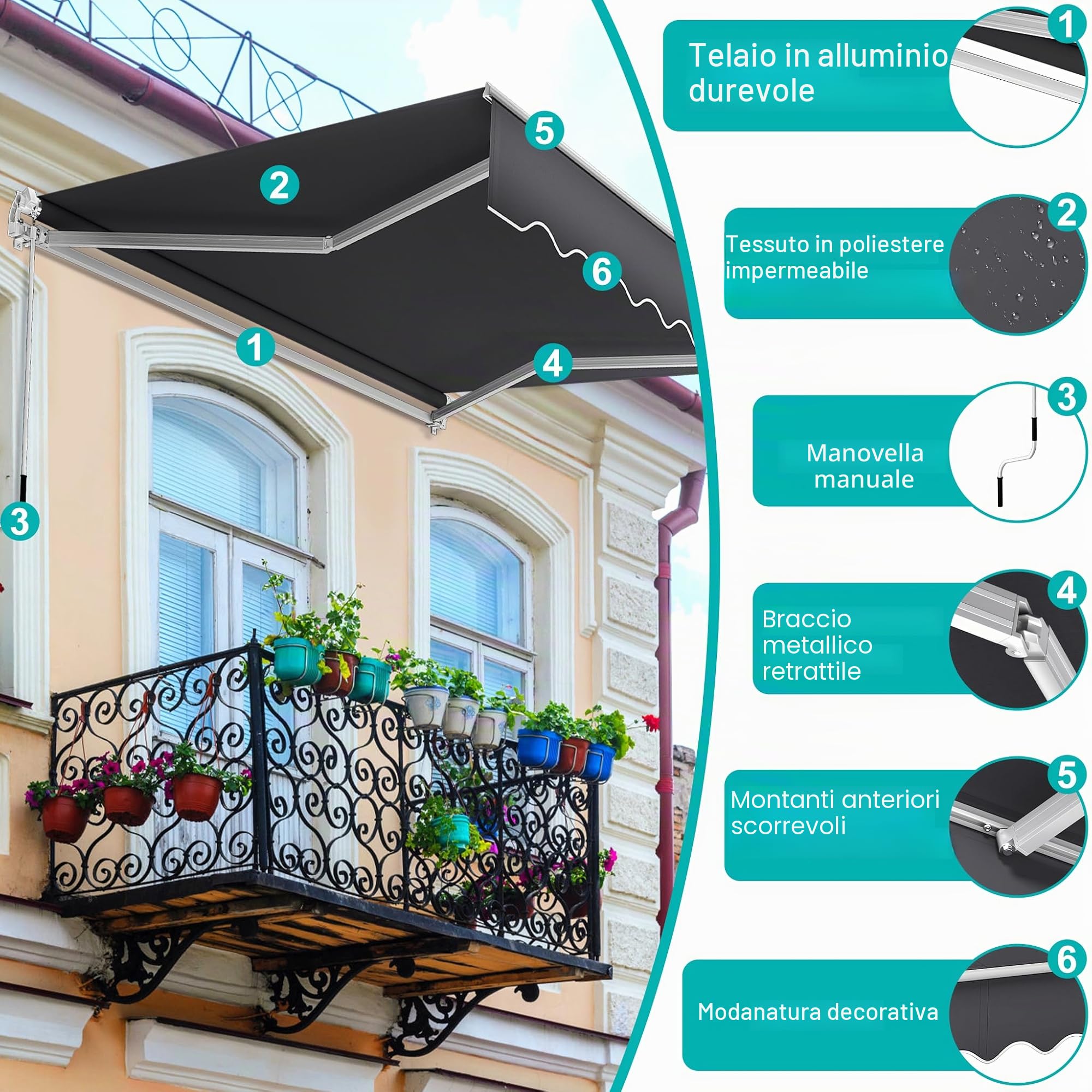 Tenda da sole per balcone con manovella impermeabile antipolvere altezza regolabile grigio scuro 3,6 x 3 m