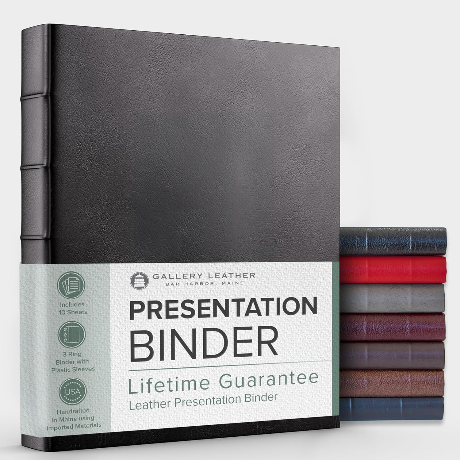 Gallery Leather 3 Ring Binder with Plastic Sleeves, includes 10 Sheets, Sheet Size: 8.5 x 11 - Presentation Binder Rings with Hubbed Spine, Thick: 1.25 Belfast Black