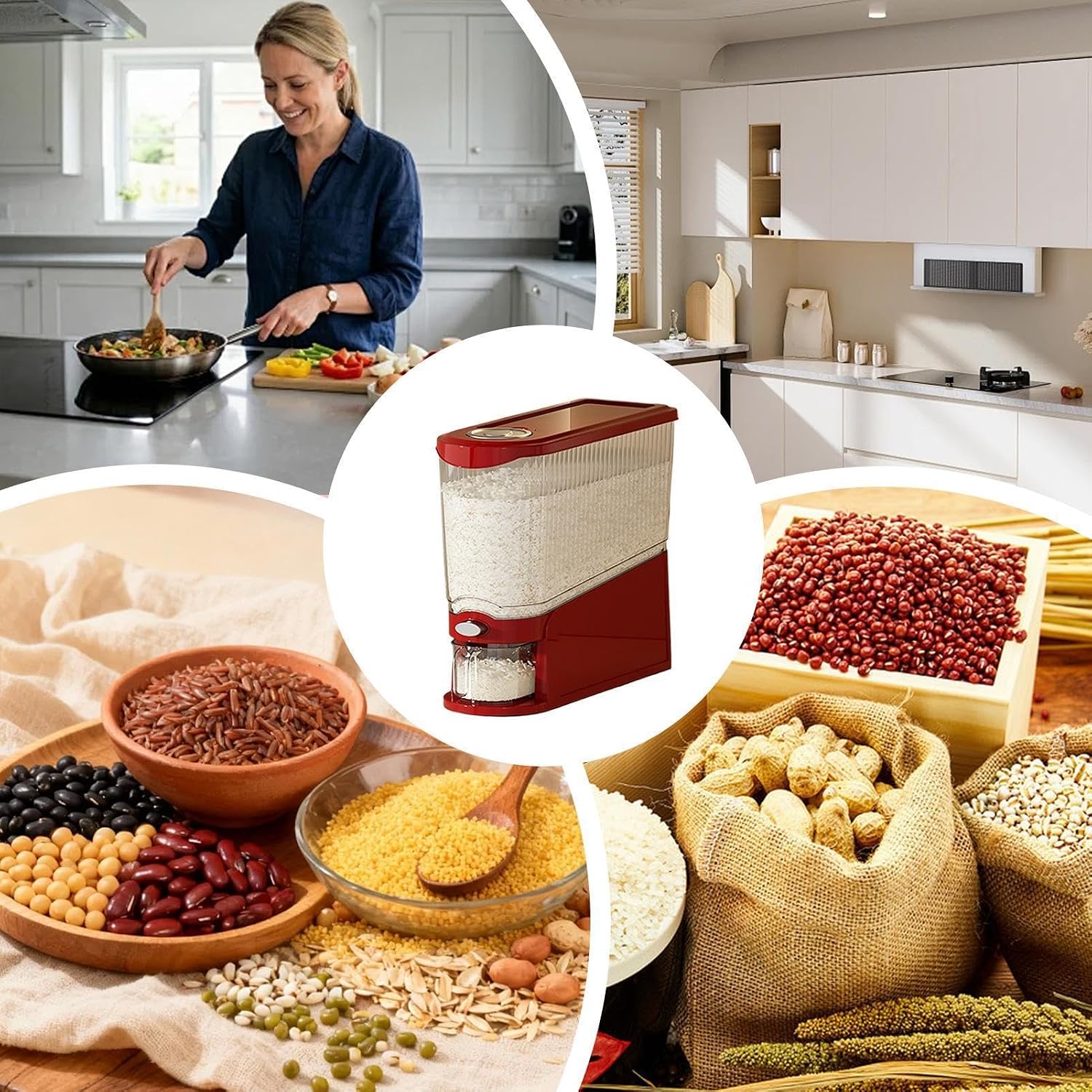 Rice Storage Container - 13lbs Airtight Dispenser, Grain Organizer