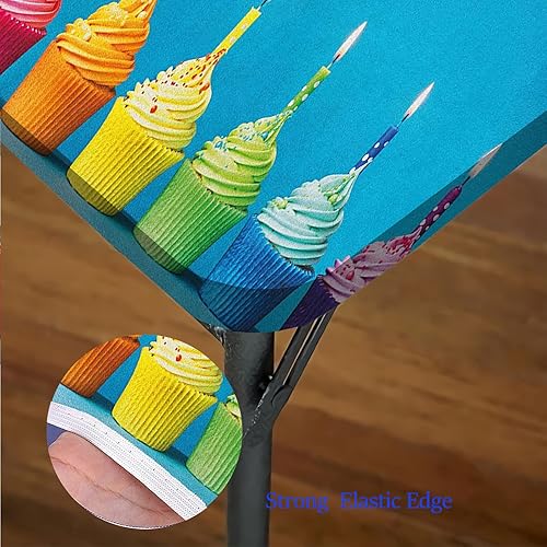 Miniatura 5 de Manteles de cumpleaños, cupcakes en colores arcoíris con velas, lavable, a prueba de derrames, se adapta a mesas de 48 x 48 pulgadas, para