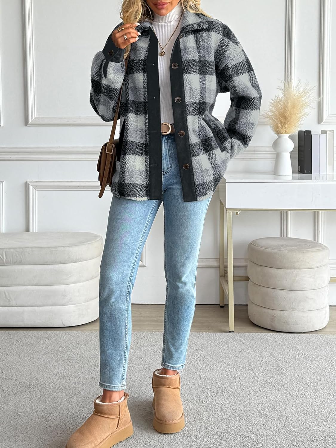 LILLUSORY Flannel Sherpa Jackets for Women Fleece Shackets Plaid Button Down Jacket Winter Coats - Image 6