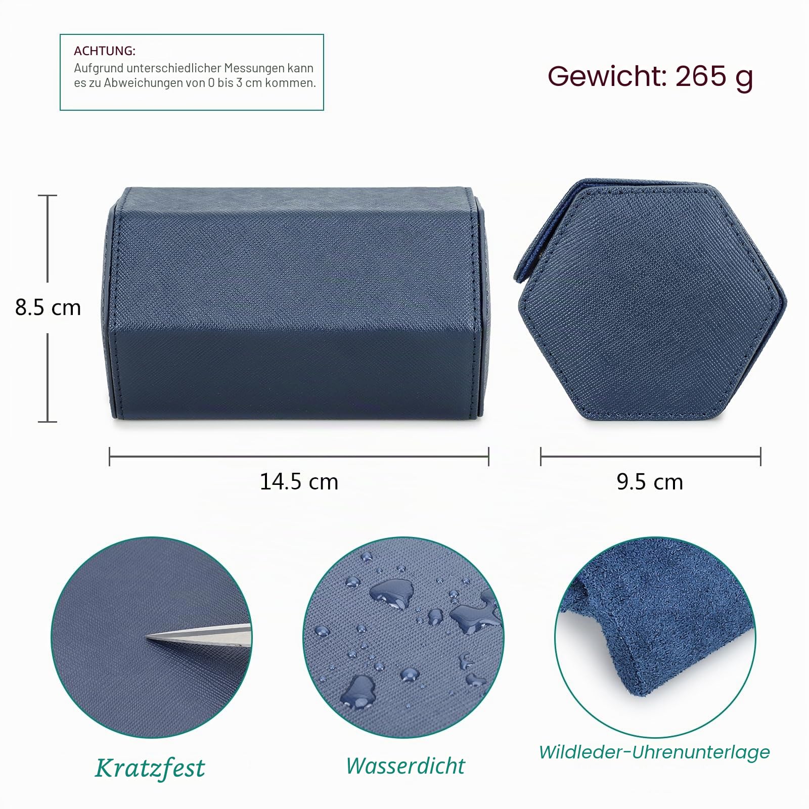 Hiram Hexagon Uhren-Reiseetui aus echtem Leder 2 Uhrenrollen-Etui Uhren Aufbewahrungsbox Schutz-Organizer für Armbanduhren (Blau)
