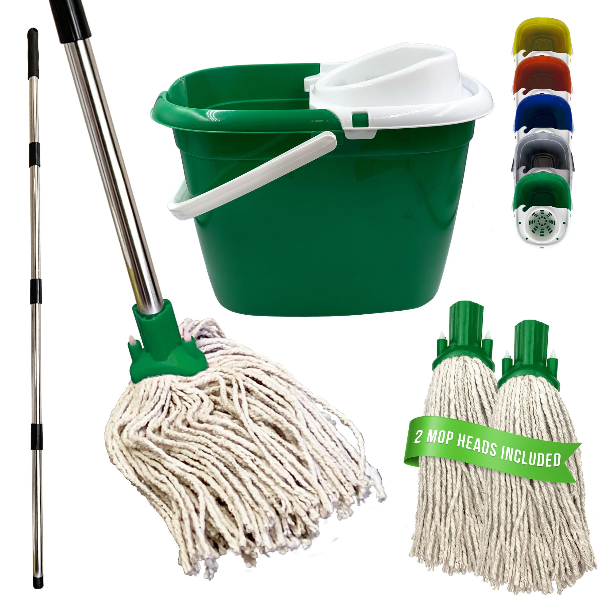 Tdbs The Dustpan And Brush Store Green Floor Mop And Bucket Set - 2Pc Mops For Cleaning Floors With Bucket, Pure Yarn Mop Heads And Heavy-Duty Mop Bucket, Industrial Mop And Bucket For Domestic And Commercial Use (Green)