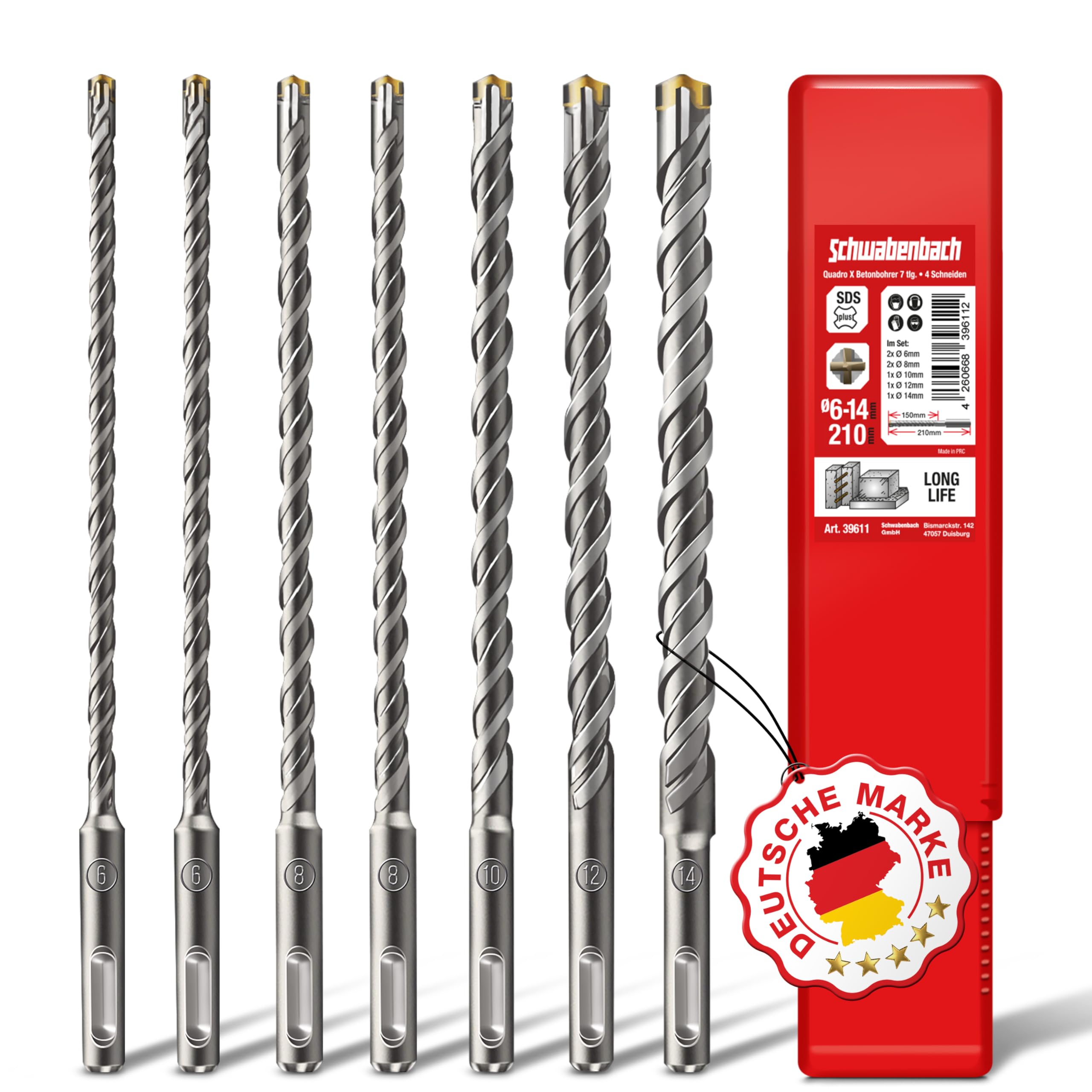 SCHWABENBACH® SDS PLUS Betonbohrer Set - Super SDS Beton Bohrer Set - 7tlg. 6 8 10 12 14 x 210 mm - Steinbohrer kompatibel mit Bosch Hilti Metabo Bohrhammer - für Schlagbohrmaschine
