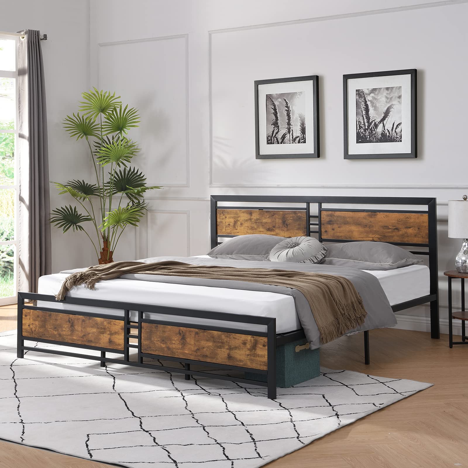 Anwick King Size Metal Platform Bed Frame with Wood Headboard and Footboard Heavy Duty Mattress Foundation with Slat