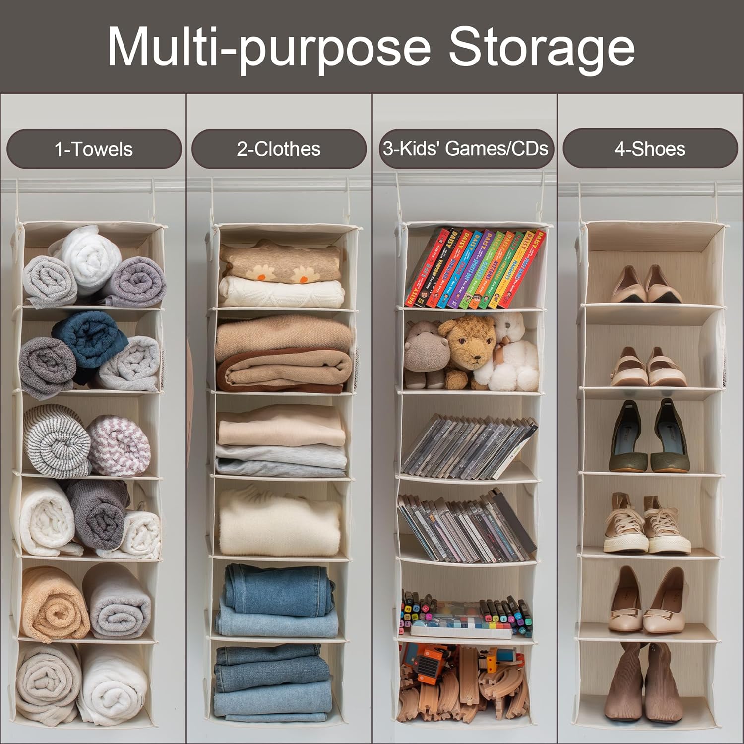 StorageWorks 6-Shelf Hanging Closet Organizer, Hanging Shelves for Closet, Fabric, Mixing of Beige, White & Ivory, 12" D x 12" W x 47 1⁄2" H