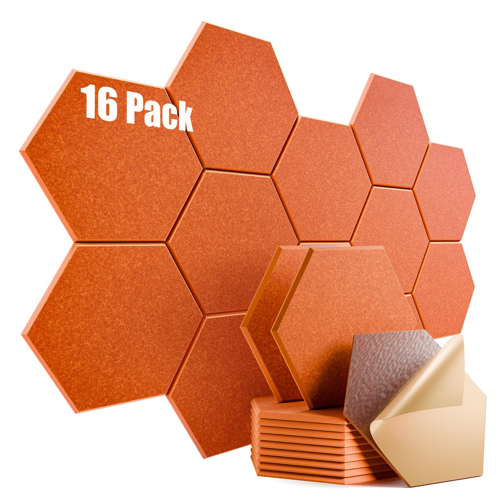 16 Pack Self-Adhesive Acoustic Panels 12" X 10" X 0.4" - Sound Proof Foam Panels for Wall with High Density, Hexagon Design, Flame Resistant, Absorb Noise and Eliminate Echoes(Tangerine)