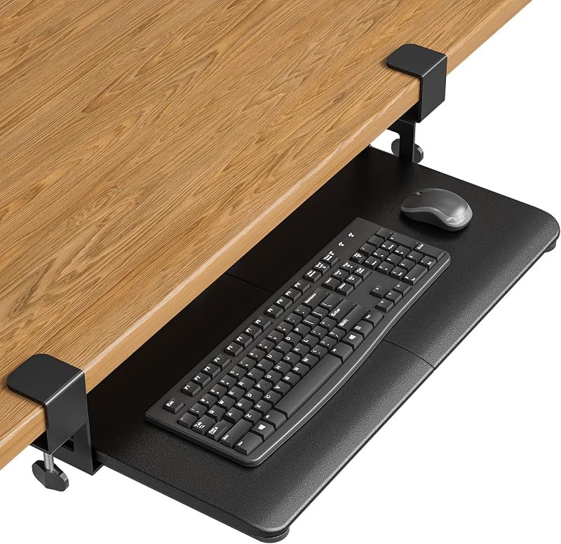 BONTEC Under Desk Keyboard Tray, Pull-Out Keyboard & Mouse Platform | C-Clamp Mount, Space-Saving Ergonomic Slide-Out Drawer, 31.3 in Including Clamps, 25.6 x 11.8 in Tray, Black